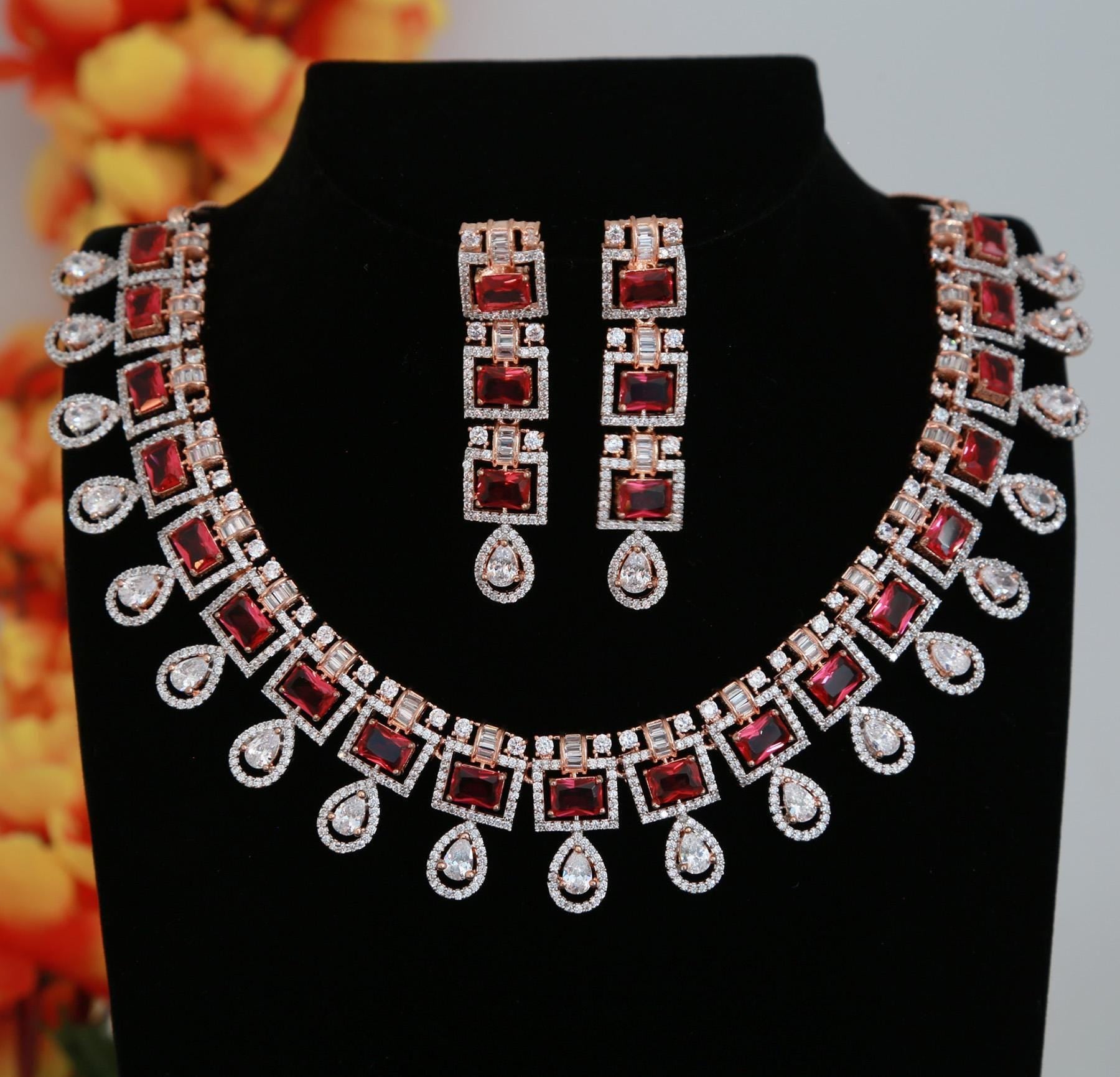 Elegant Rose Gold-Plated Necklace Set with Pink Square Stones and CZ Stones| Statement Wedding & Party Wear Necklace with Matching Earrings