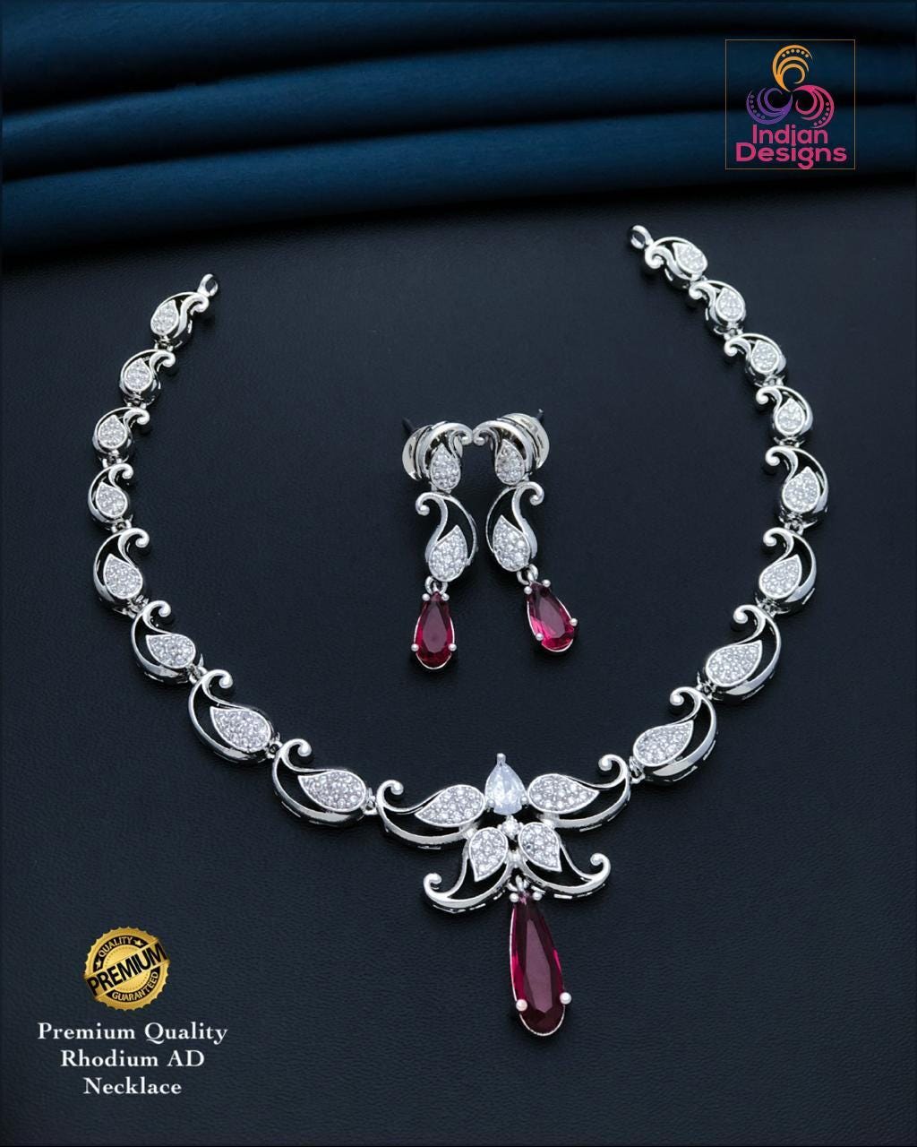 Silver tone american diamond necklace set| ruby purple green aqua pink drops| indian wedding jewelry| rhodium finish cz choker| gift for her