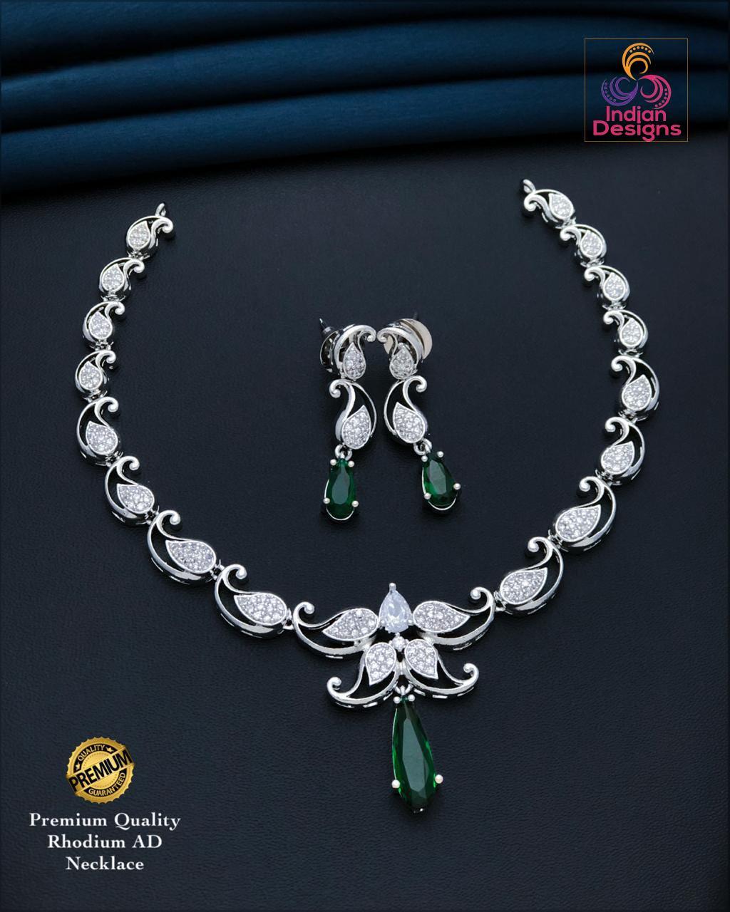 Silver tone american diamond necklace set| ruby purple green aqua pink drops| indian wedding jewelry| rhodium finish cz choker| gift for her
