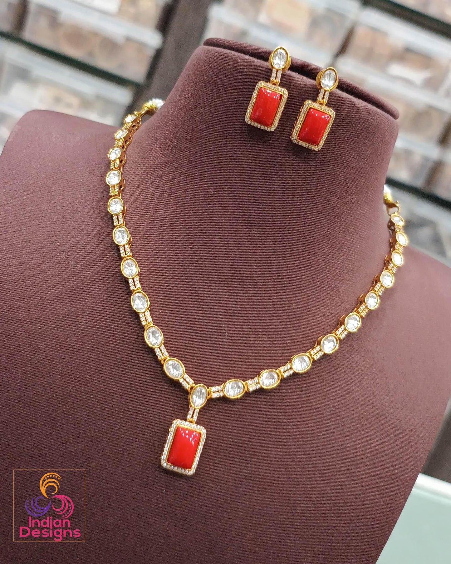 Rectangular stone kundan necklace set| gold plated cz pendant & earrings| modern indian jewelry| available in green, coral, aqua, maroon