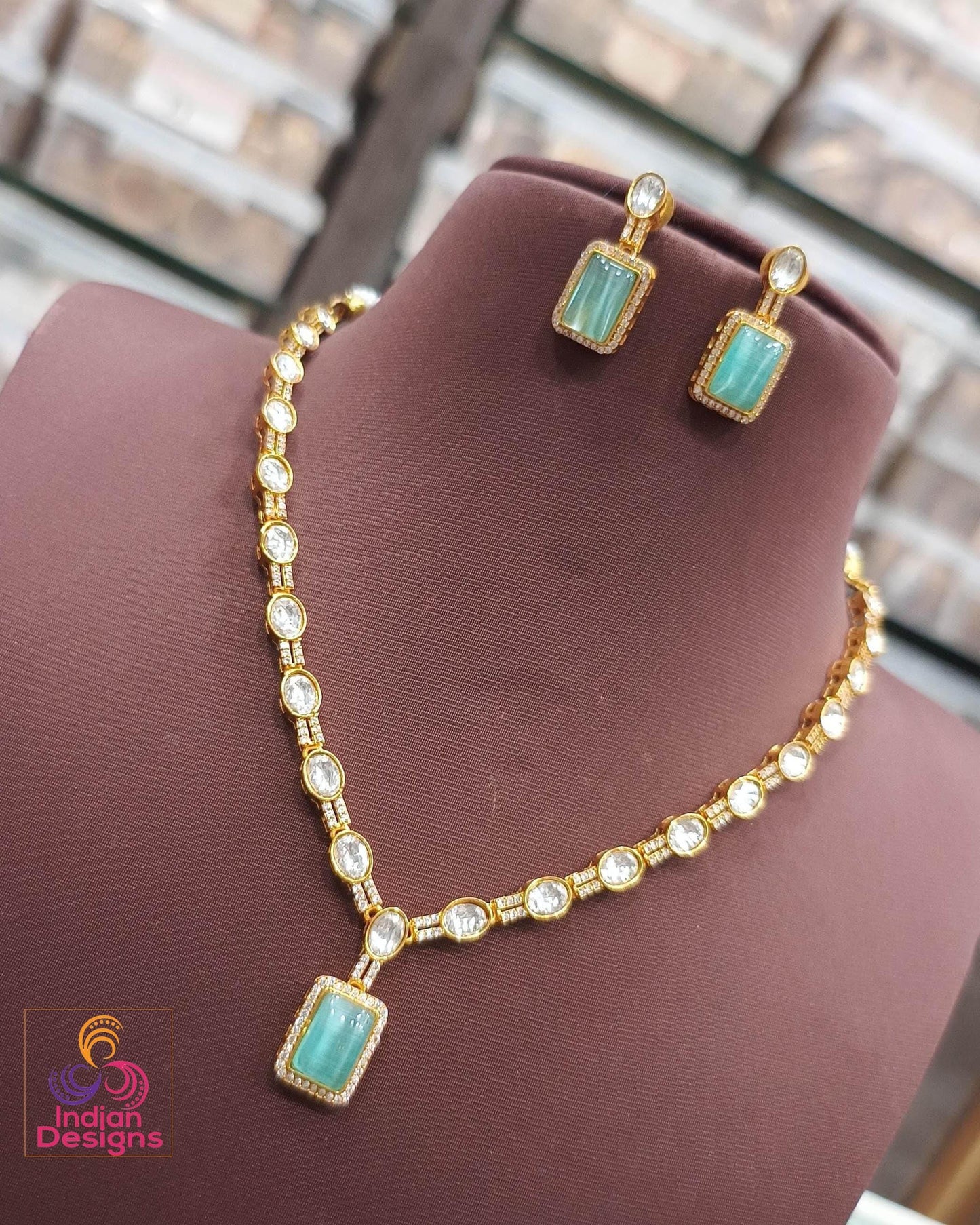 Rectangular stone kundan necklace set| gold plated cz pendant & earrings| modern indian jewelry| available in green, coral, aqua, maroon
