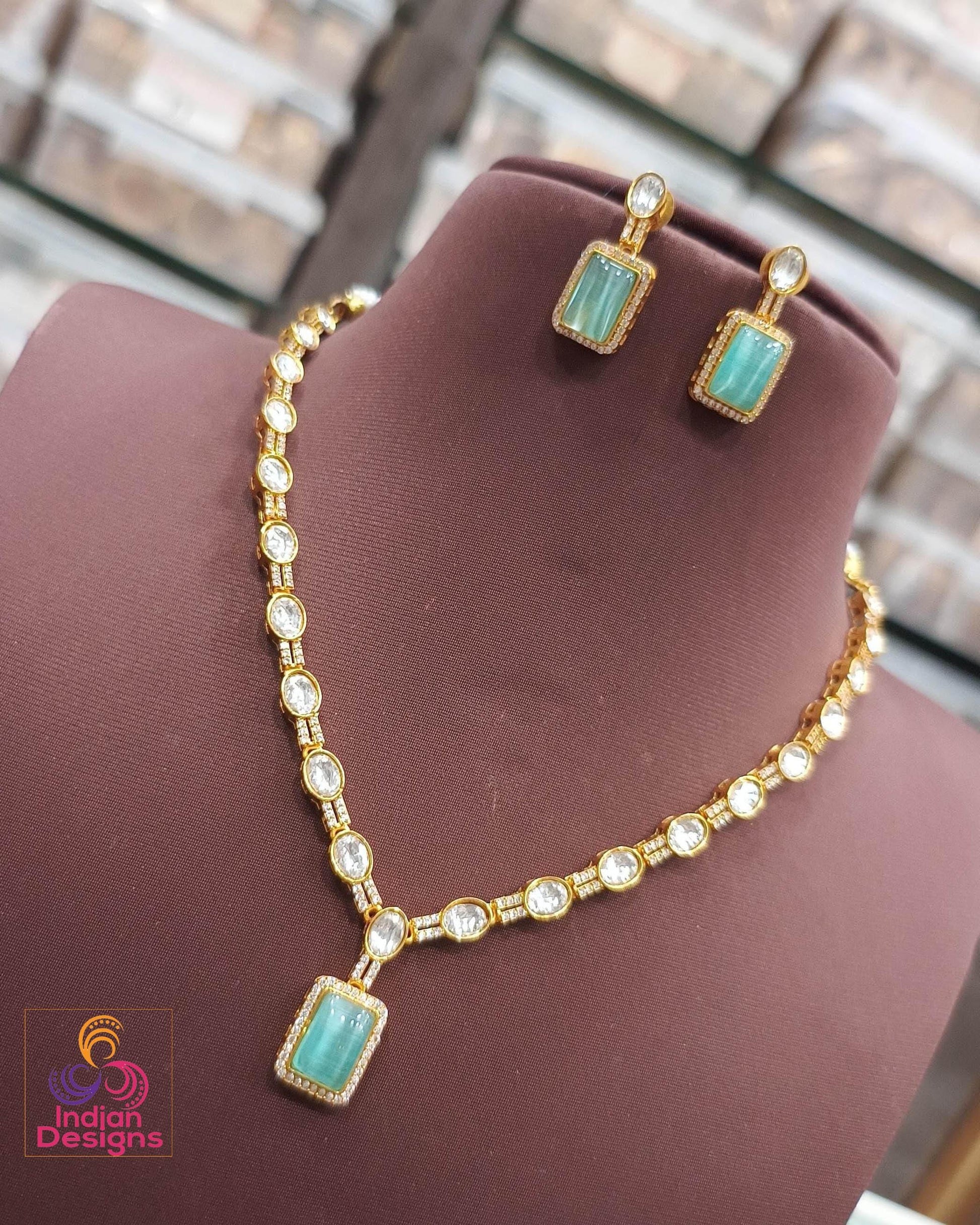 Rectangular stone kundan necklace set| gold plated cz pendant & earrings| modern indian jewelry| available in green, coral, aqua, maroon