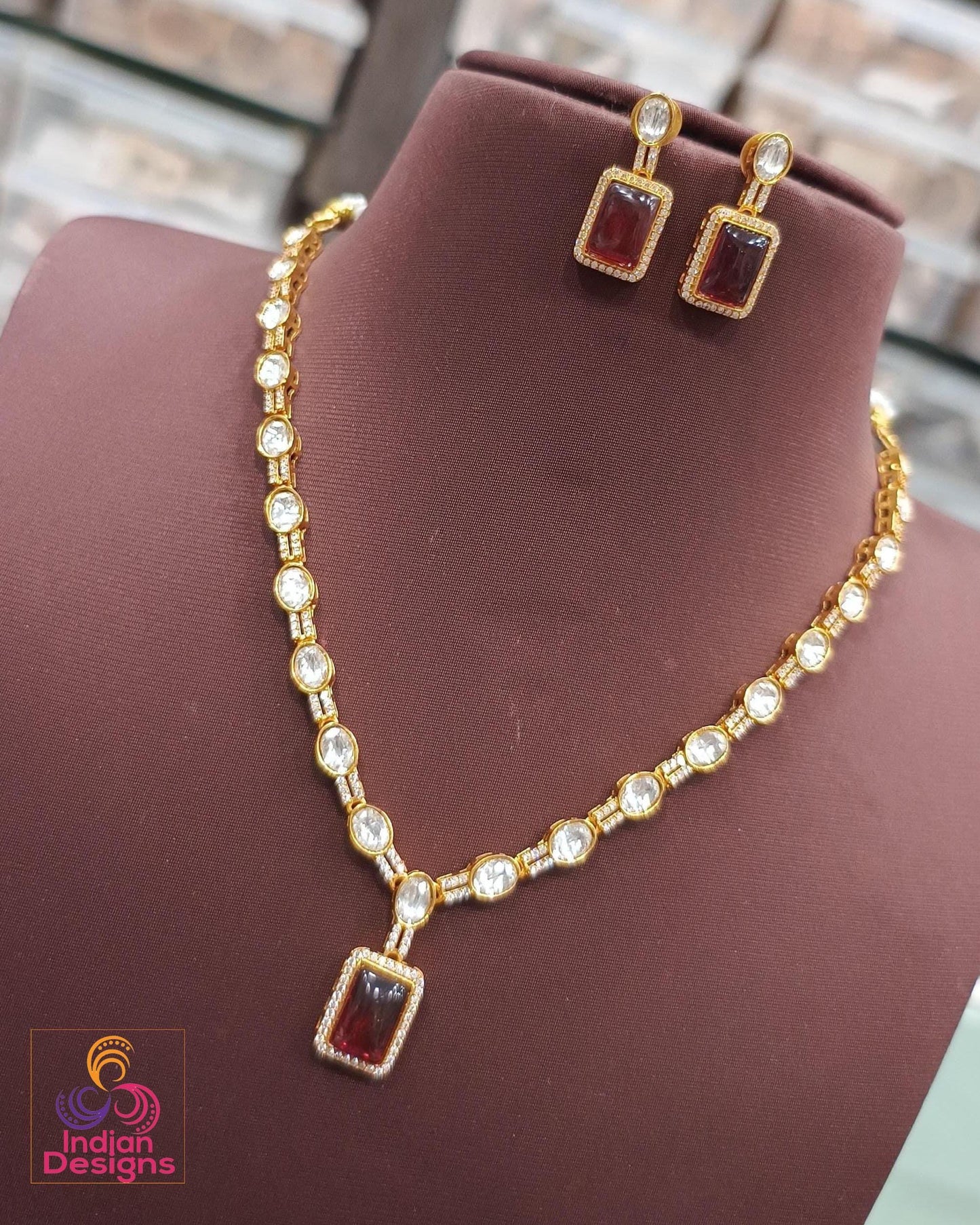Rectangular stone kundan necklace set| gold plated cz pendant & earrings| modern indian jewelry| available in green, coral, aqua, maroon