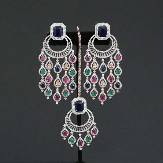 Rose gold ad stone dangler earrings with maang tikka| wedding & festive jewelry | dual-tone multi-color or diamond replica set| gift for her