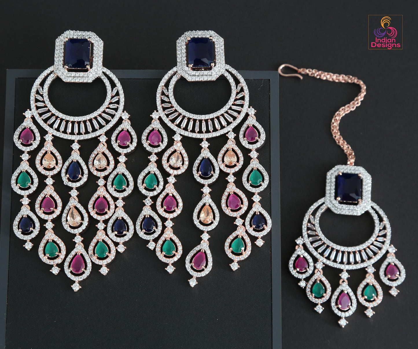 Rose gold ad stone dangler earrings with maang tikka| wedding & festive jewelry | dual-tone multi-color or diamond replica set| gift for her