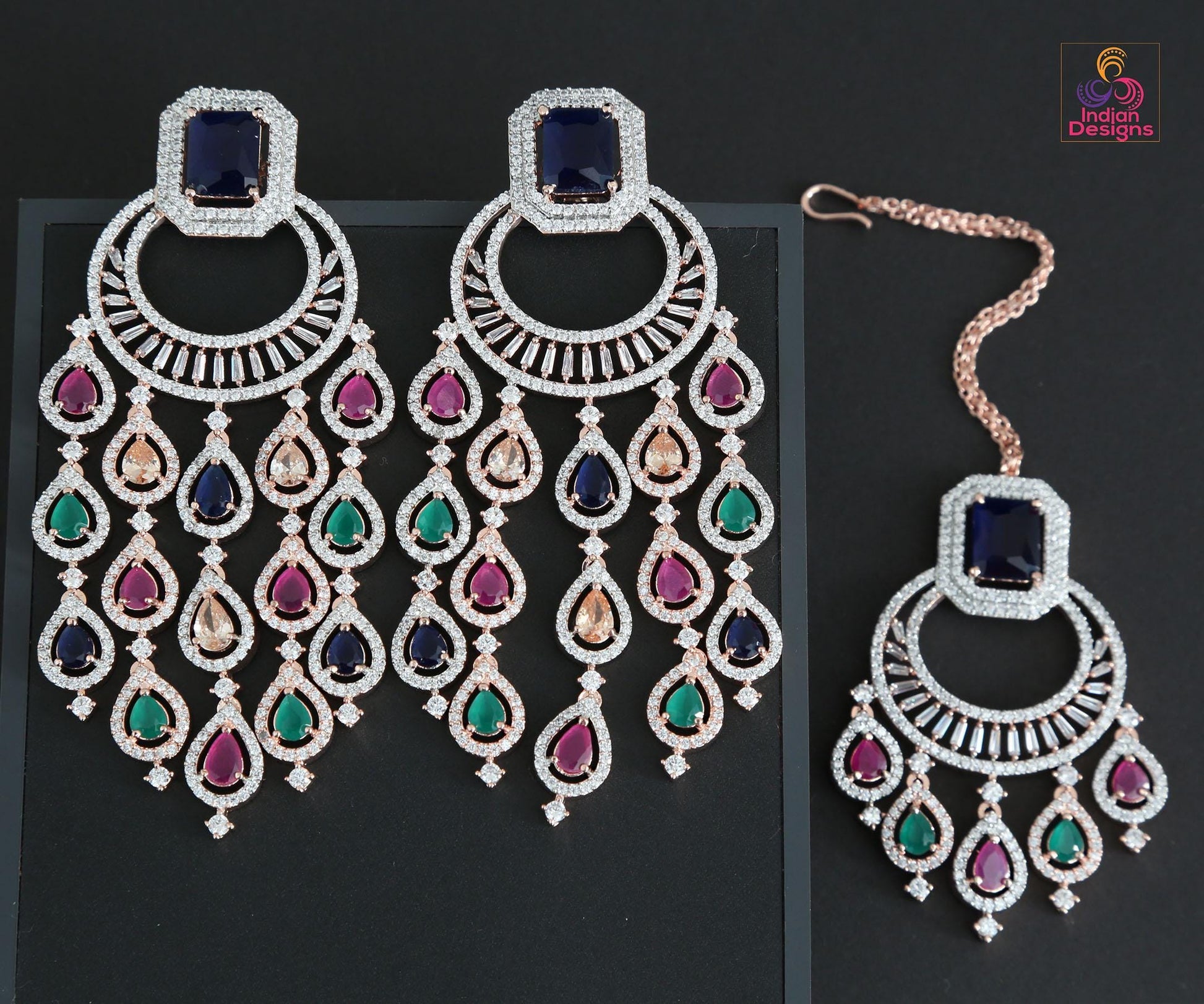 Rose gold ad stone dangler earrings with maang tikka| wedding & festive jewelry | dual-tone multi-color or diamond replica set| gift for her