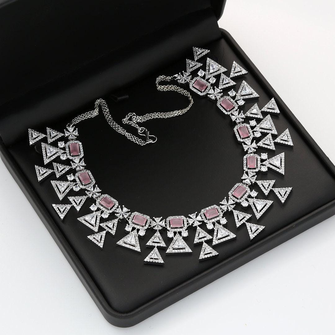 CZ Silver American Diamond Trendy Indian Wedding Jewelry Necklace| Bollywood Bridal set| Blue Statement necklace Earring Set| Gift for her