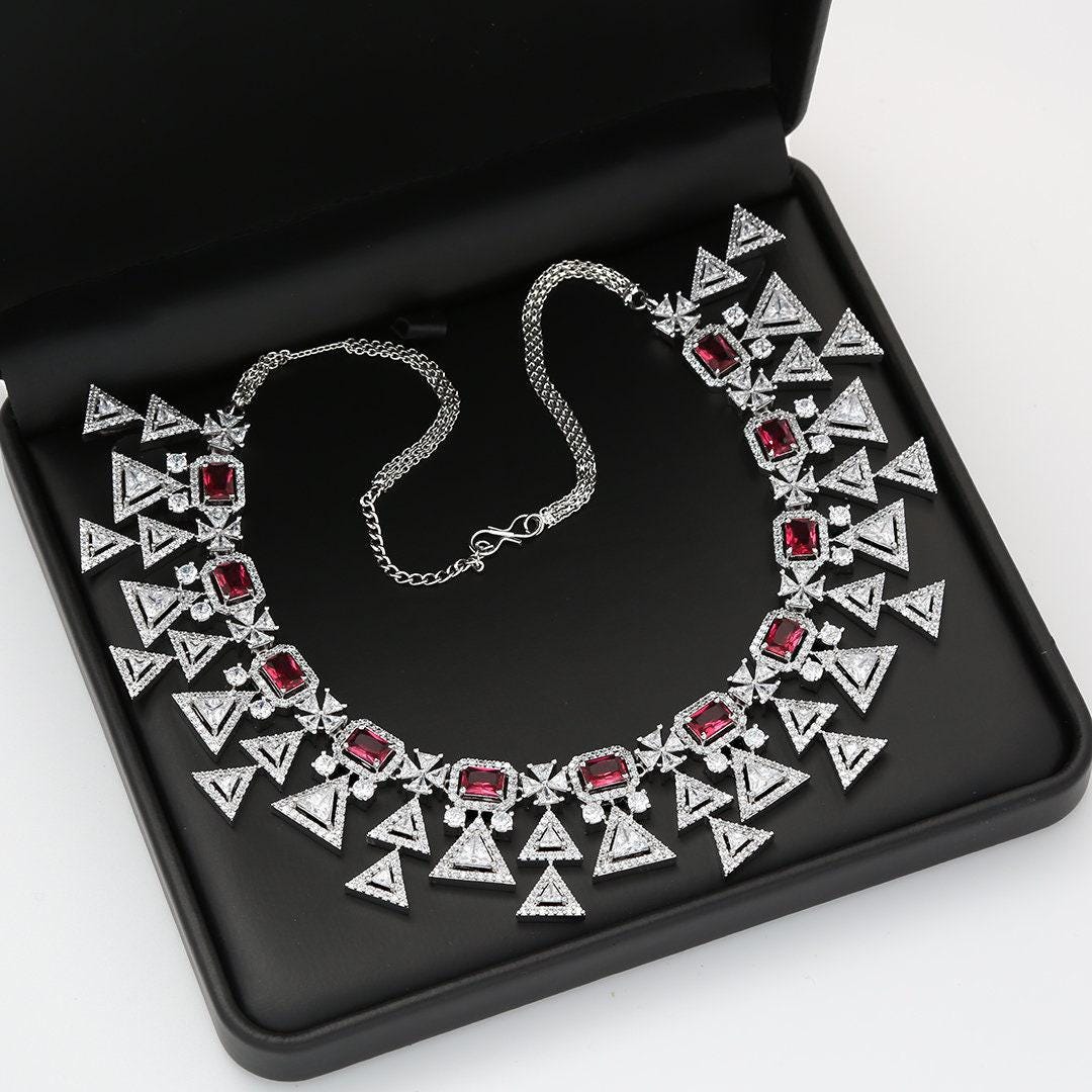 CZ Silver American Diamond Trendy Indian Wedding Jewelry Necklace| Bollywood Bridal set| Blue Statement necklace Earring Set| Gift for her