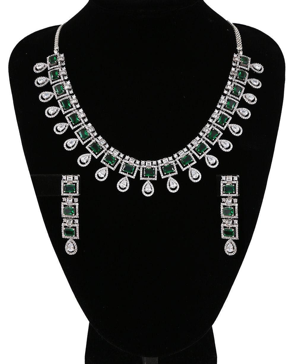 American Diamond CZ Silver tone Necklace Earrings Jewelry Set| Statement Choker Necklace| Elegant Wedding Necklace Earrings Set|Gift for her