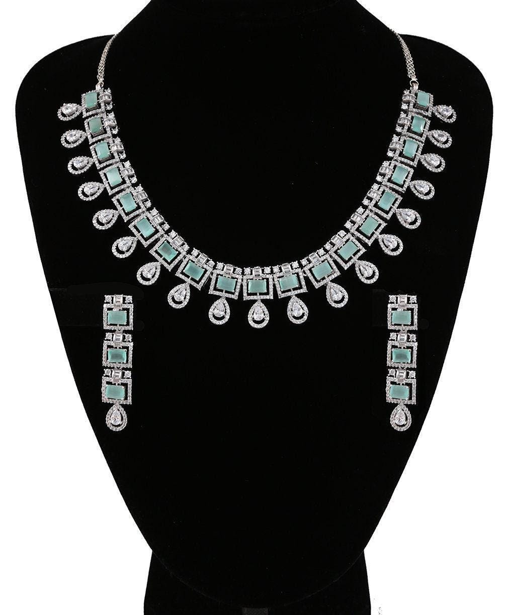 American Diamond CZ Silver tone Necklace Earrings Jewelry Set| Statement Choker Necklace| Elegant Wedding Necklace Earrings Set|Gift for her