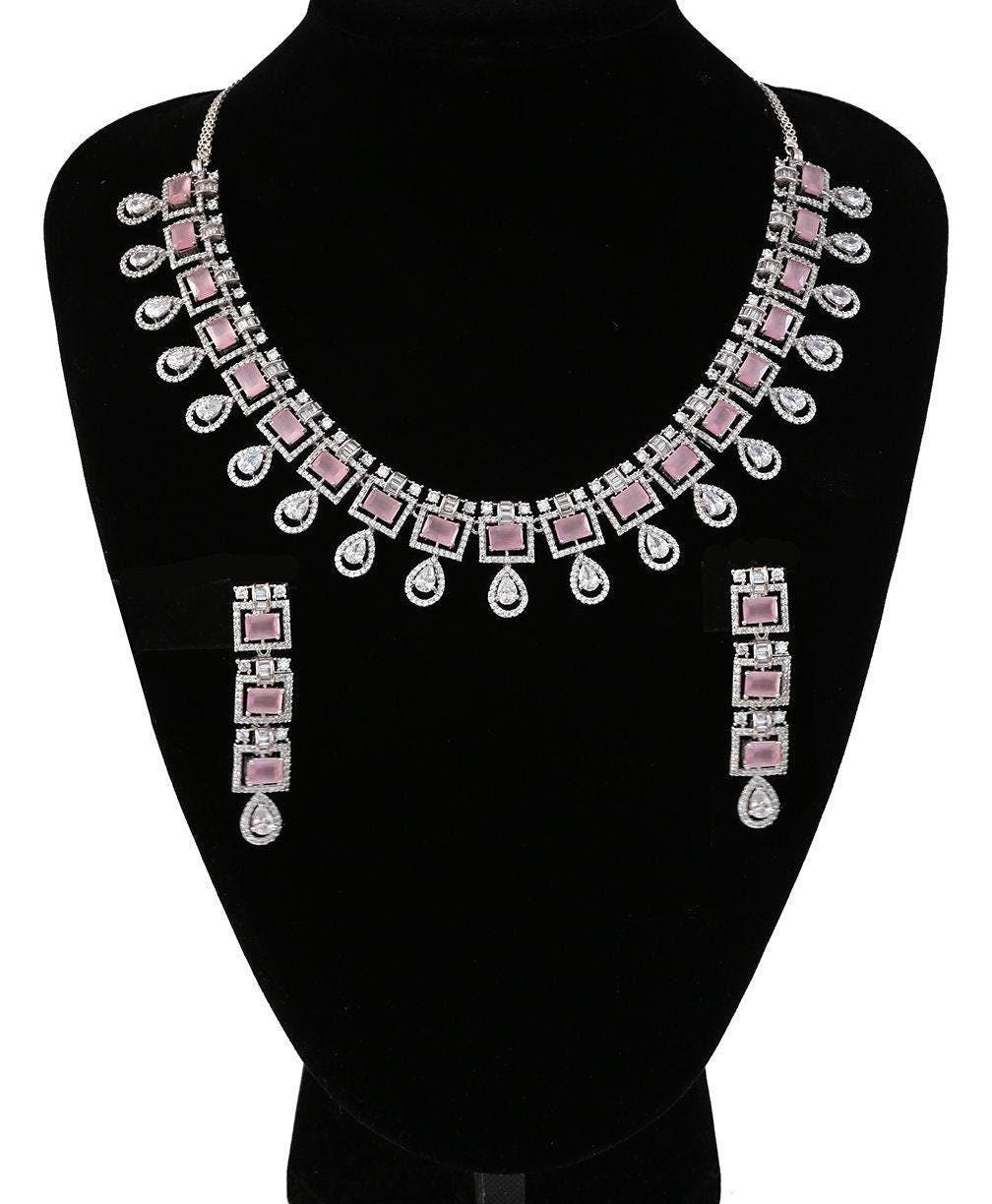 American Diamond CZ Silver tone Necklace Earrings Jewelry Set| Statement Choker Necklace| Elegant Wedding Necklace Earrings Set|Gift for her