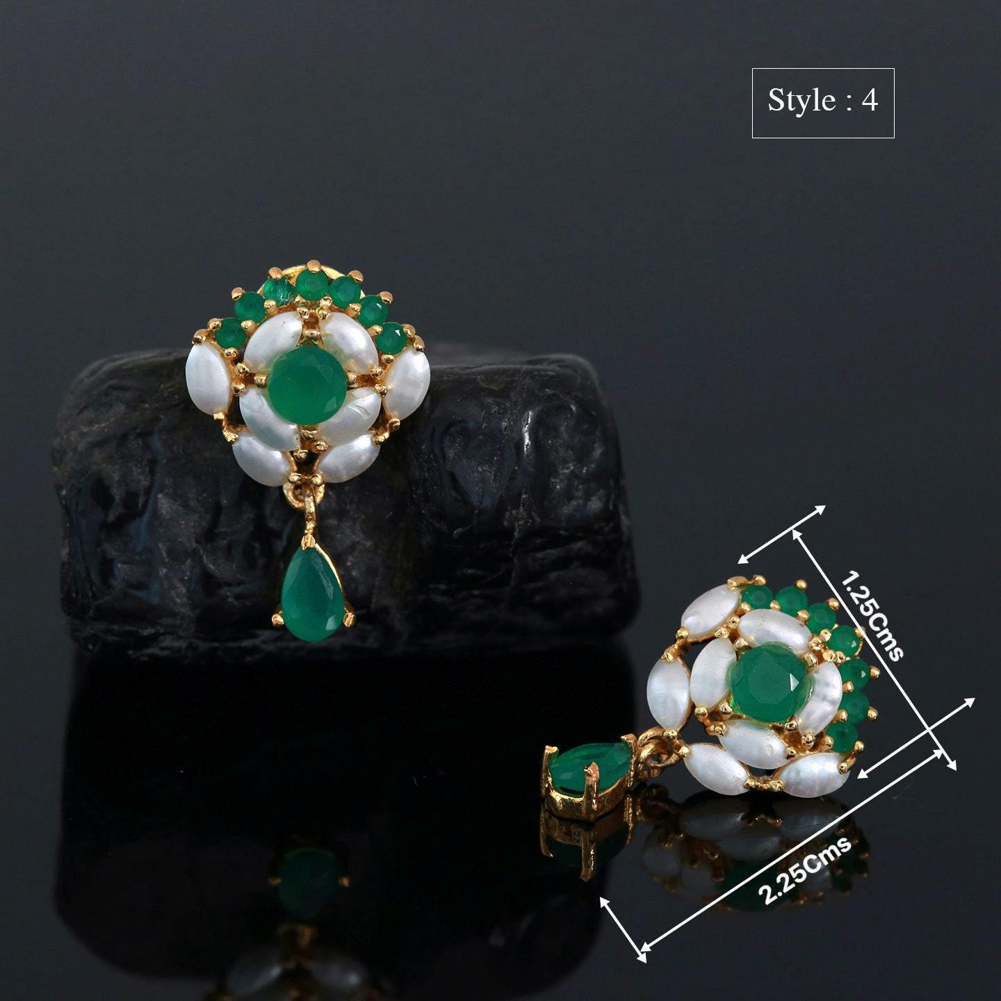 Pearl and emerald stud earrings | real small pearl stud earrings green floral design | gold plated minimalist pearl simple cz earrings tops
