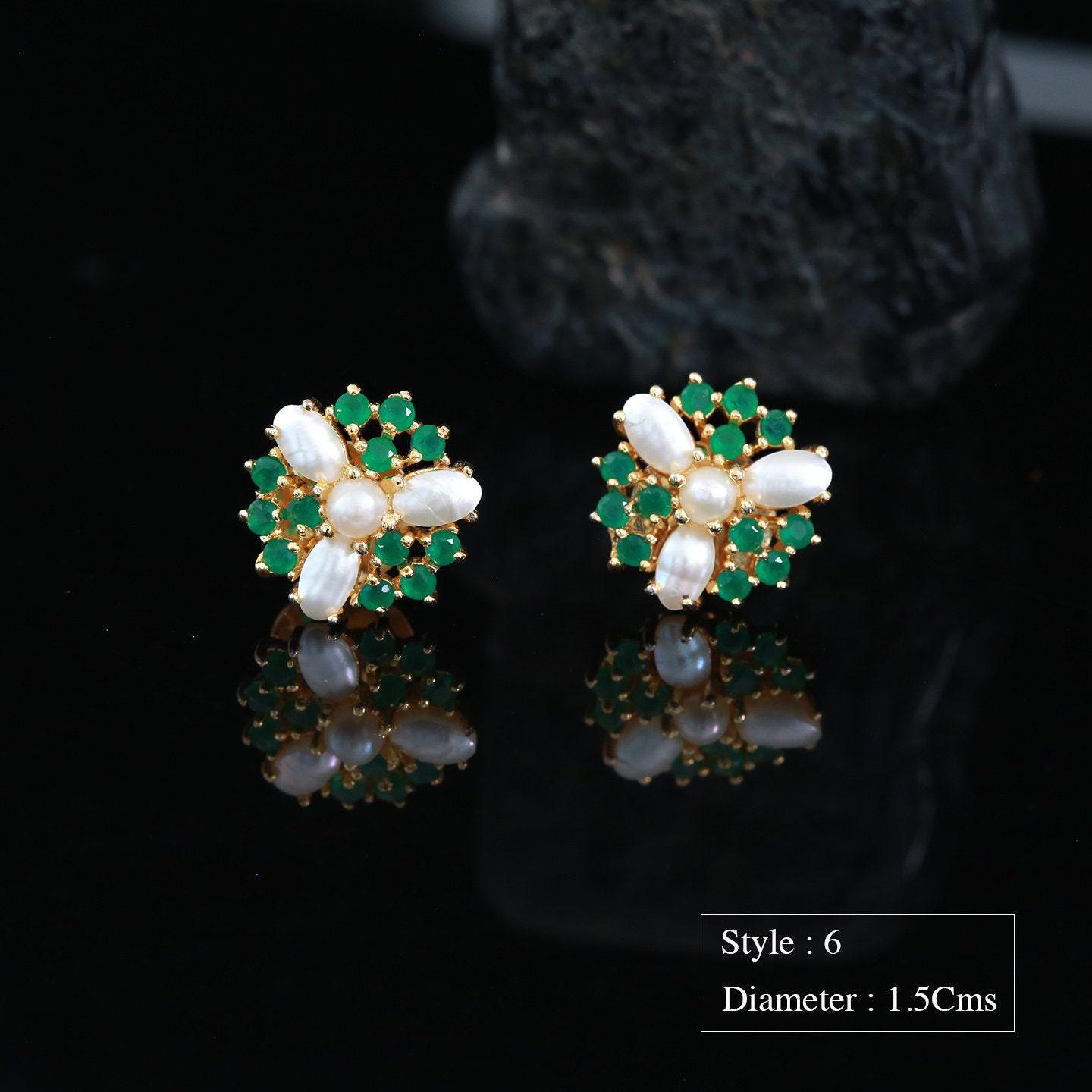Pearl and emerald stud earrings | real small pearl stud earrings green floral design | gold plated minimalist pearl simple cz earrings tops