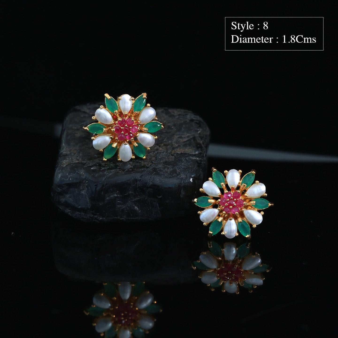 Pearl and emerald stud earrings | real small pearl stud earrings green floral design | gold plated minimalist pearl simple cz earrings tops