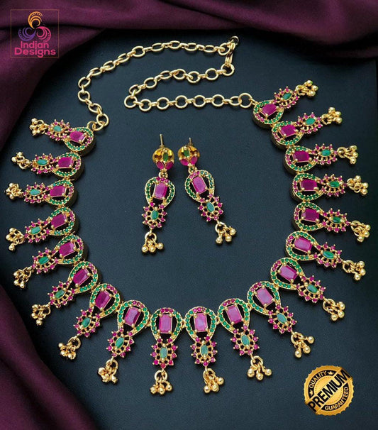 Gold Plated American Diamond Dainty Necklace and Earrings| Emerald Ruby CZ Diamond choker| Indian jewelry Statement Necklace| Gift for her