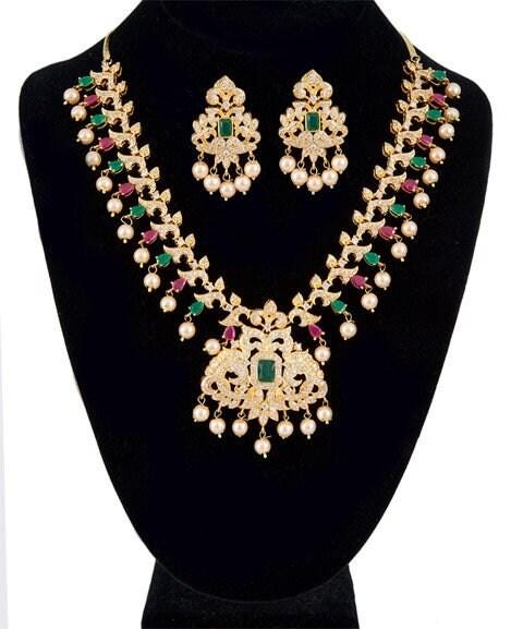 Stunning ad white gold plated cubic zirconia bridal indian jewelry wedding necklace set