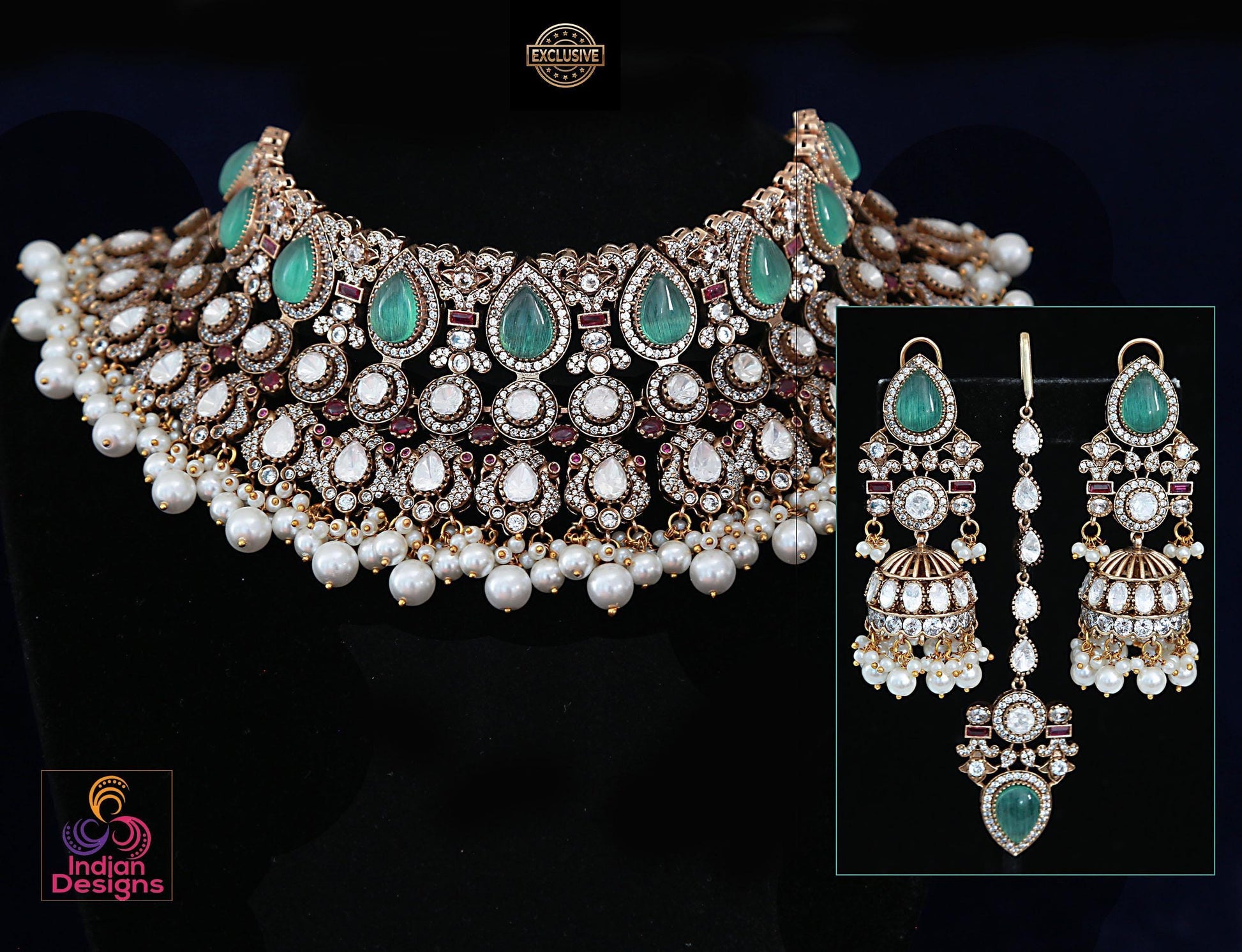 Mint Green Victorian Doublet Moissanite Polki Choker Necklace, Jhumka Earrings, Maang Tikka & Pearl Drops|Big Size Statement Wedding Jewelry