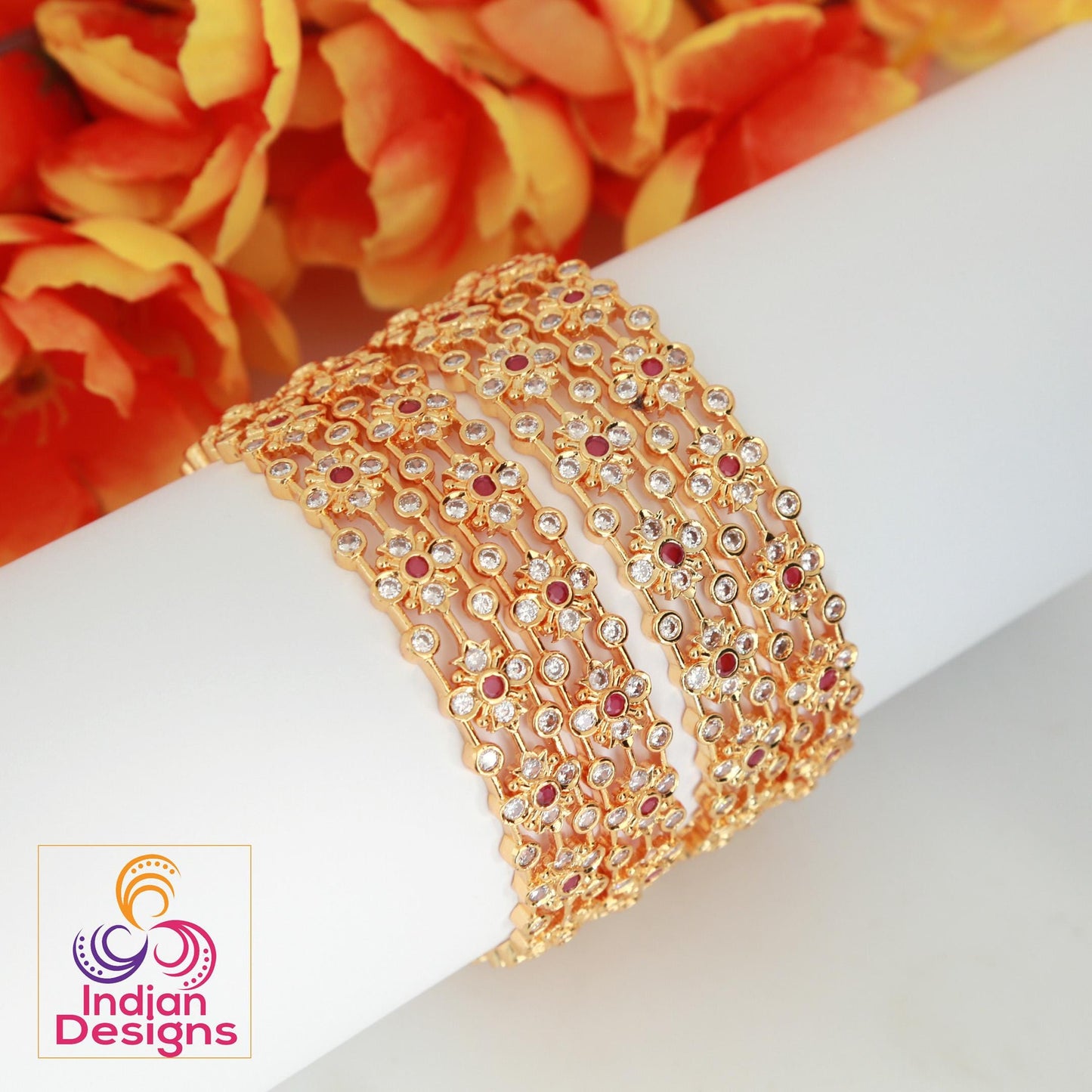 Gold plated Bangles with Pink stones Set of 4| South Indian style Floral design bangles| Daily-wear Statement bangles| Stylish Gift for her