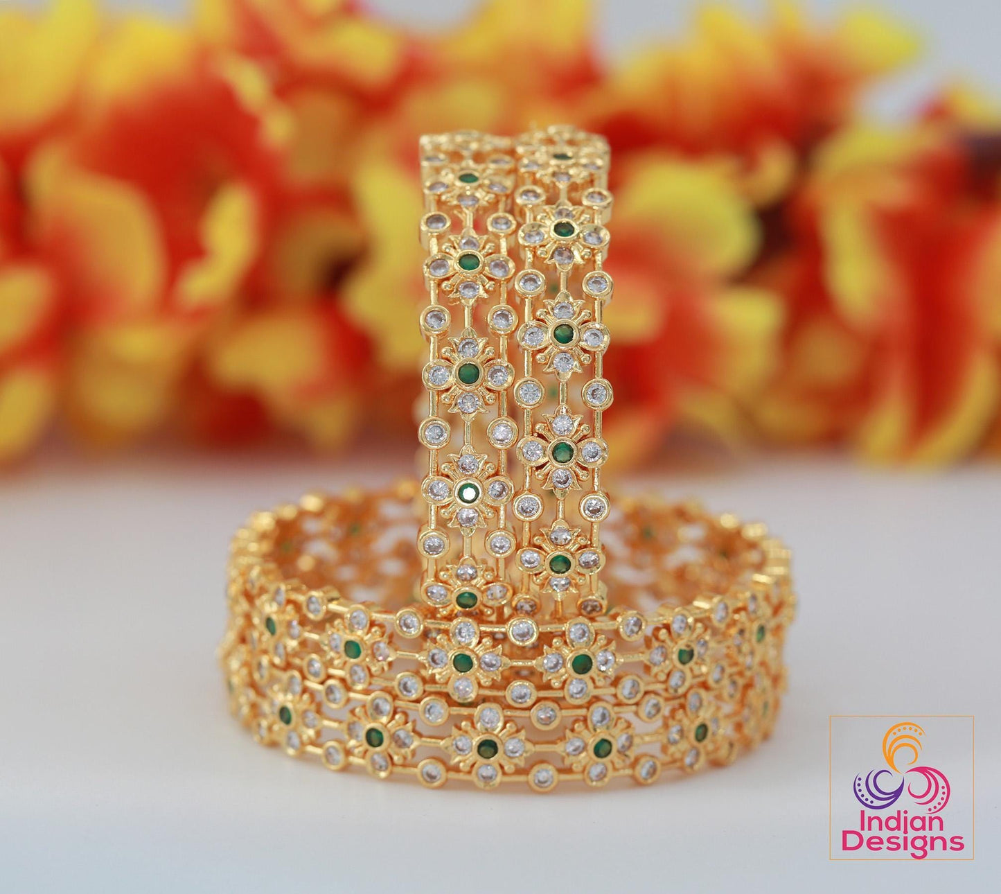 Gold plated Bangles with Green stones Set of 4| South Indian style Floral design bangles| Daily-wear Statement bangles| Stylish Gift for her