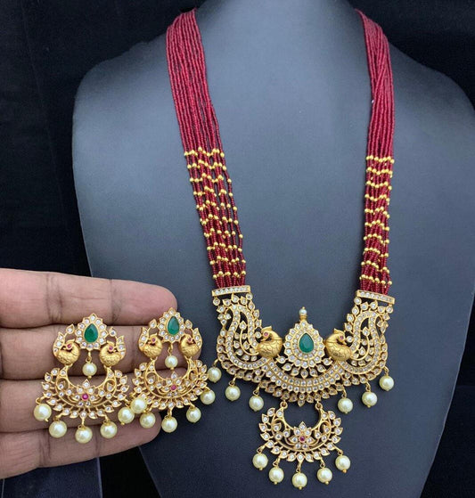 Traditional matte finish emerald cz necklace| south indian temple jewelry for weddings| american diamond multi-strand bead necklace| gift