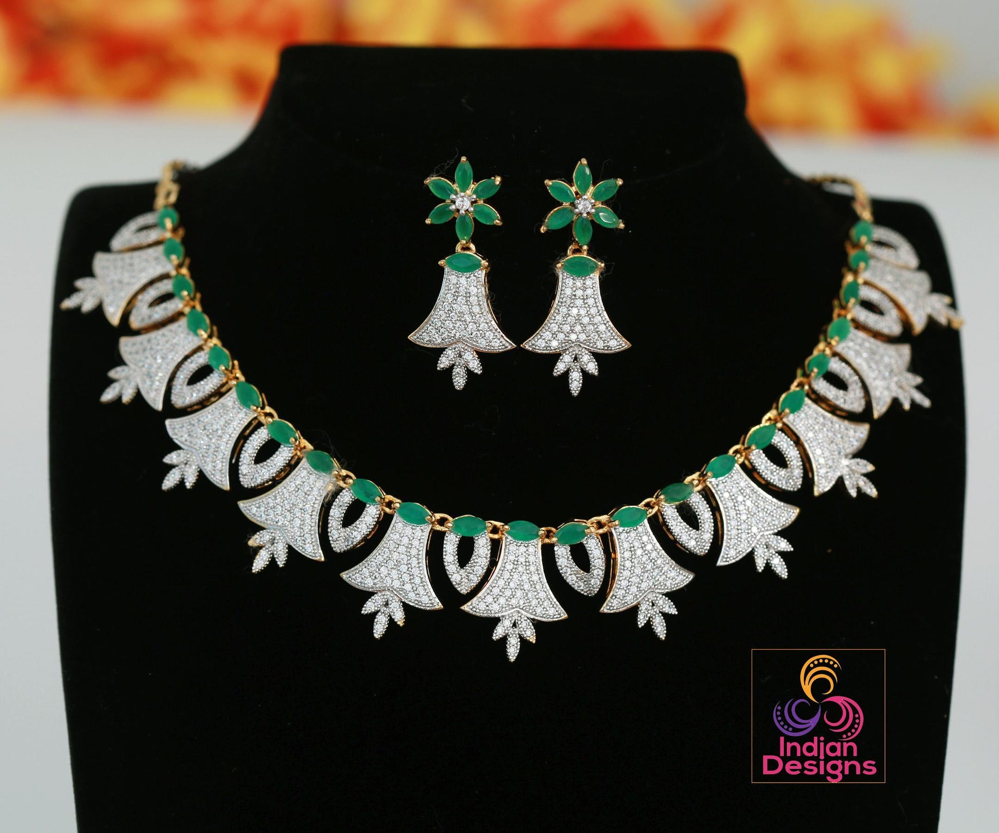 Green & cz diamond necklace set| gold-plated indian jewelry | american diamond necklace and earrings| green ad stone necklace| gift for her