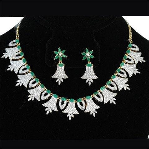Green & cz diamond necklace set| gold-plated indian jewelry | american diamond necklace and earrings| green ad stone necklace| gift for her