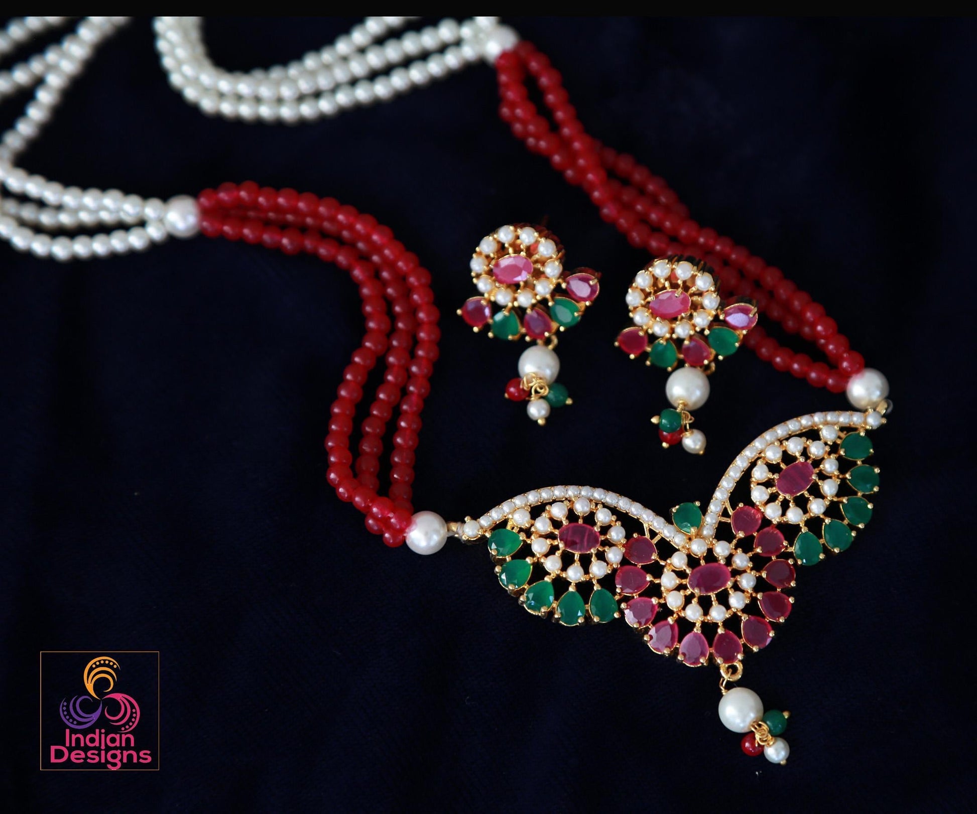 Gold plated Cz stone pearl Mangalsutra| American diamond Mangalsutra Long Necklace with earrings| AD Pendant and Earrings set| Gift for her