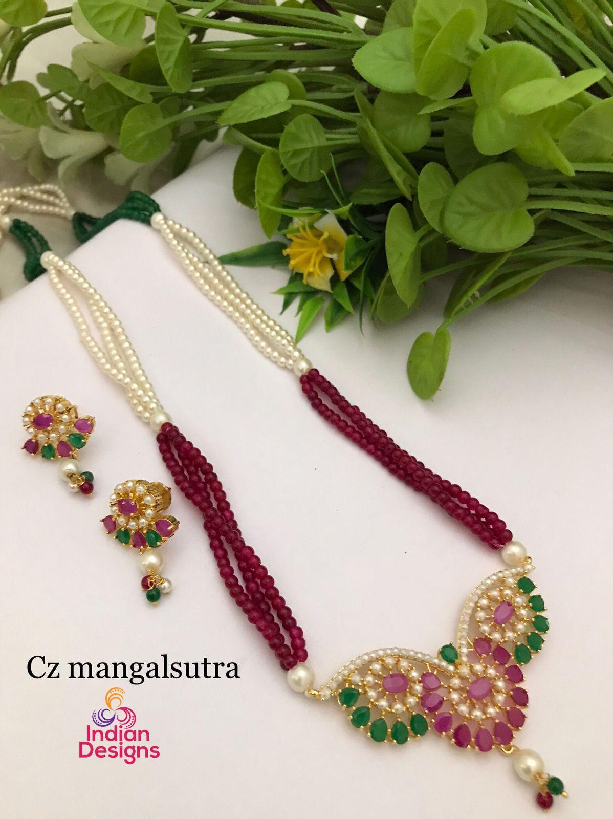 Gold plated Cz stone pearl Mangalsutra| American diamond Mangalsutra Long Necklace with earrings| AD Pendant and Earrings set| Gift for her