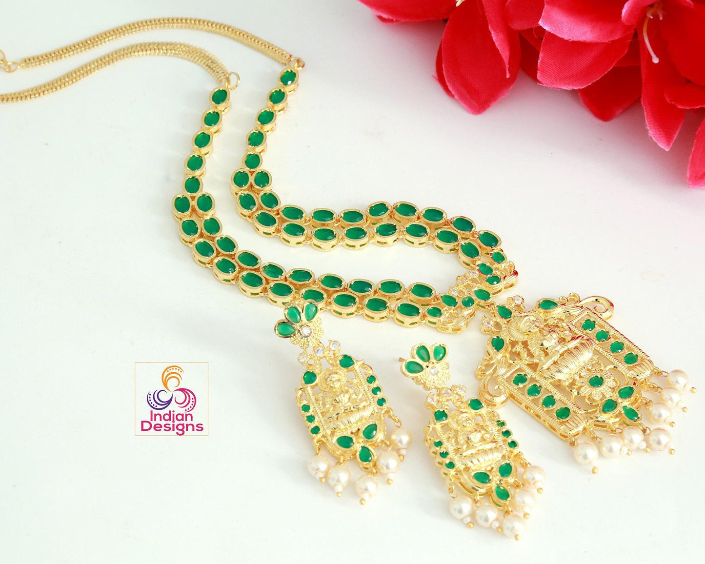 Lakshmi devi necklace designs | Gold necklace designs with ruby and emerald stones with Lakshmi Pendant |Indian Temple jewelry Necklace
