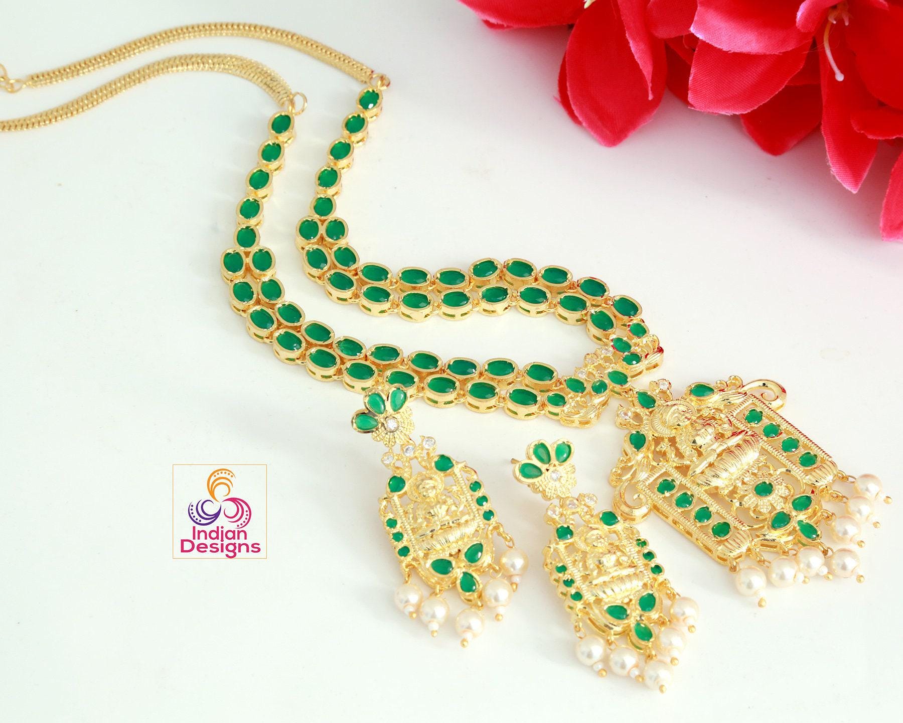 Lakshmi devi necklace designs | Gold necklace designs with ruby and emerald stones with Lakshmi Pendant |Indian Temple jewelry Necklace