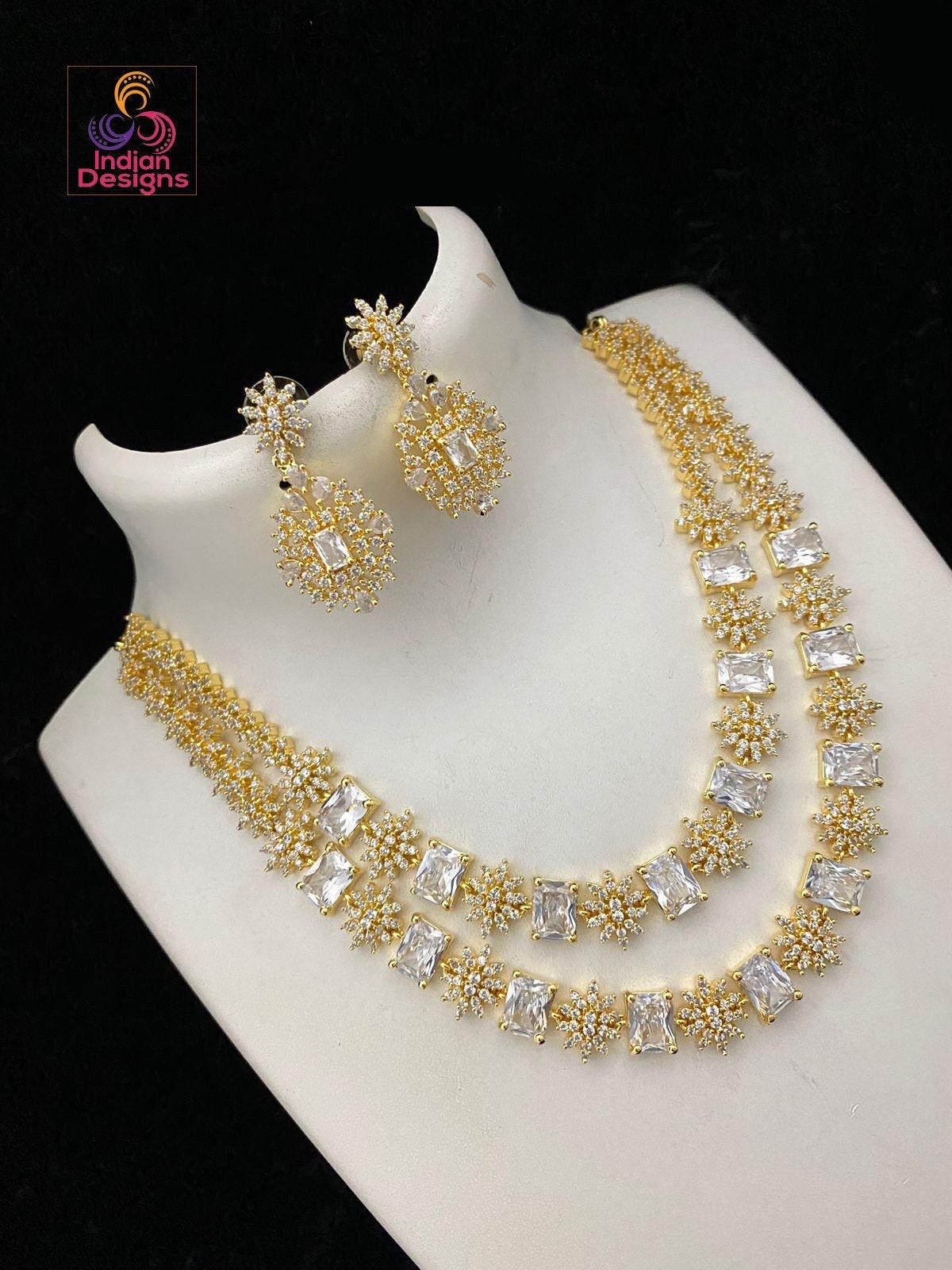 American Diamond 2 line Necklace Earring set with premium quality Gold plated | Blue Sapphire two strand Emerald cut Cz crystal Jewelry set