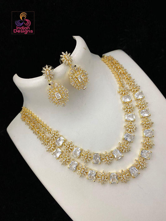 American Diamond 2 line Necklace Earring set with premium quality Gold plated | Blue Sapphire two strand Emerald cut Cz crystal Jewelry set
