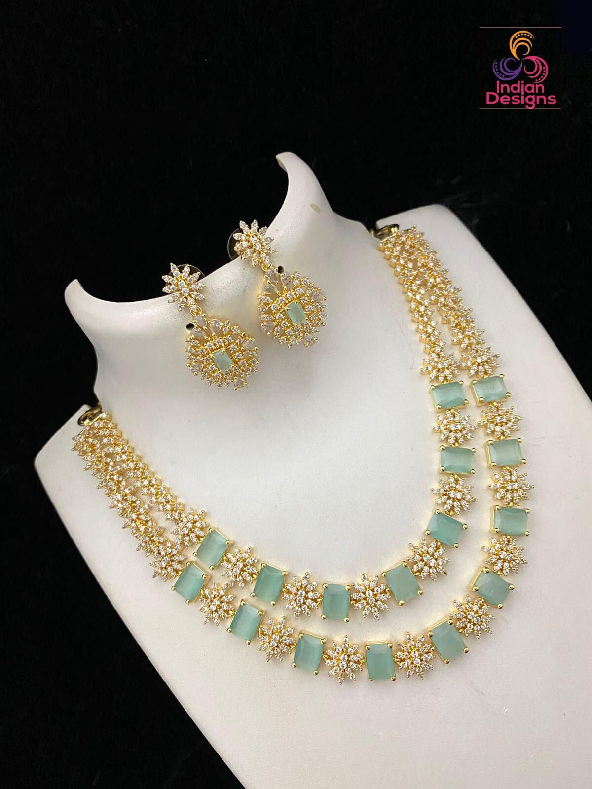 American diamond 2 line necklace earring set with premium quality