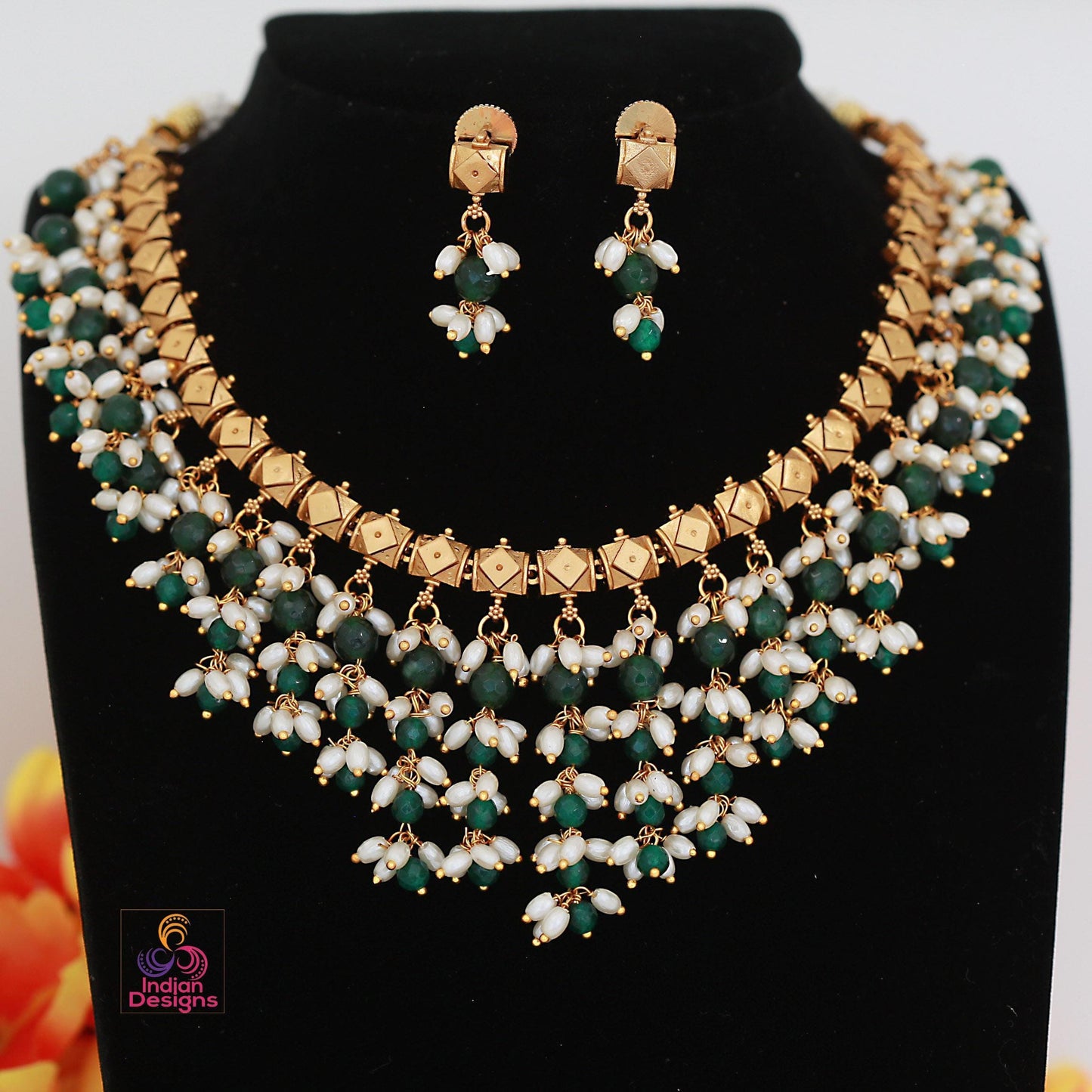 Red Bead & Pearl Necklace Set | Gold Plated Traditional Choker | Indian Bridal Jewelry | Festive Necklace Set with Earrings | Gift for Her