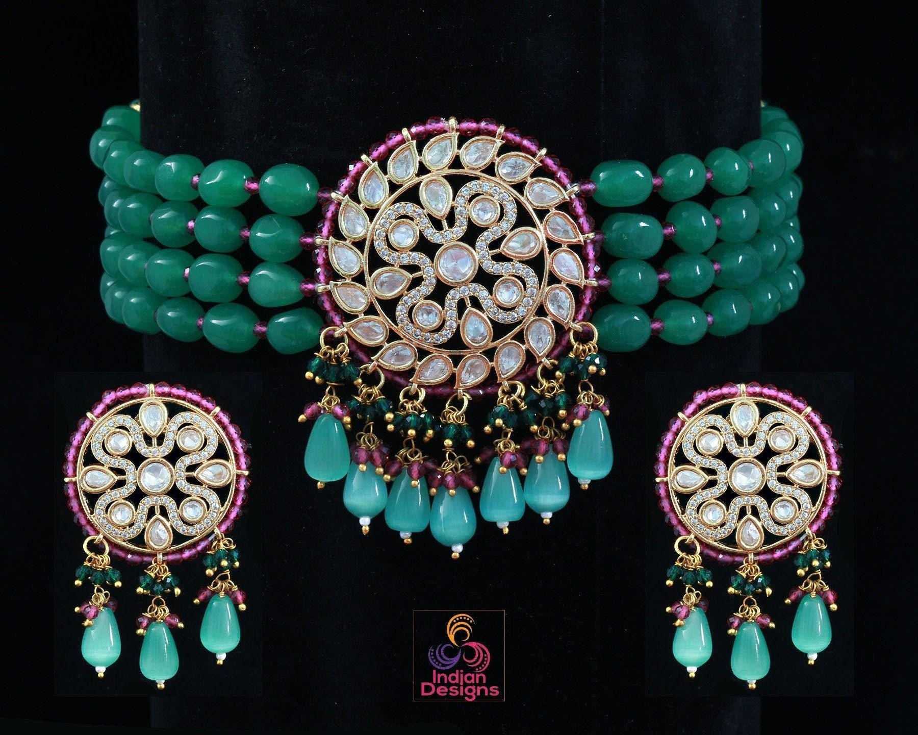 Blue beads kundan choker set | Indian Wedding jewelry | American Diamond jewelry|CZ Choker |Pink Choker Bridal Necklace |gold choker designs