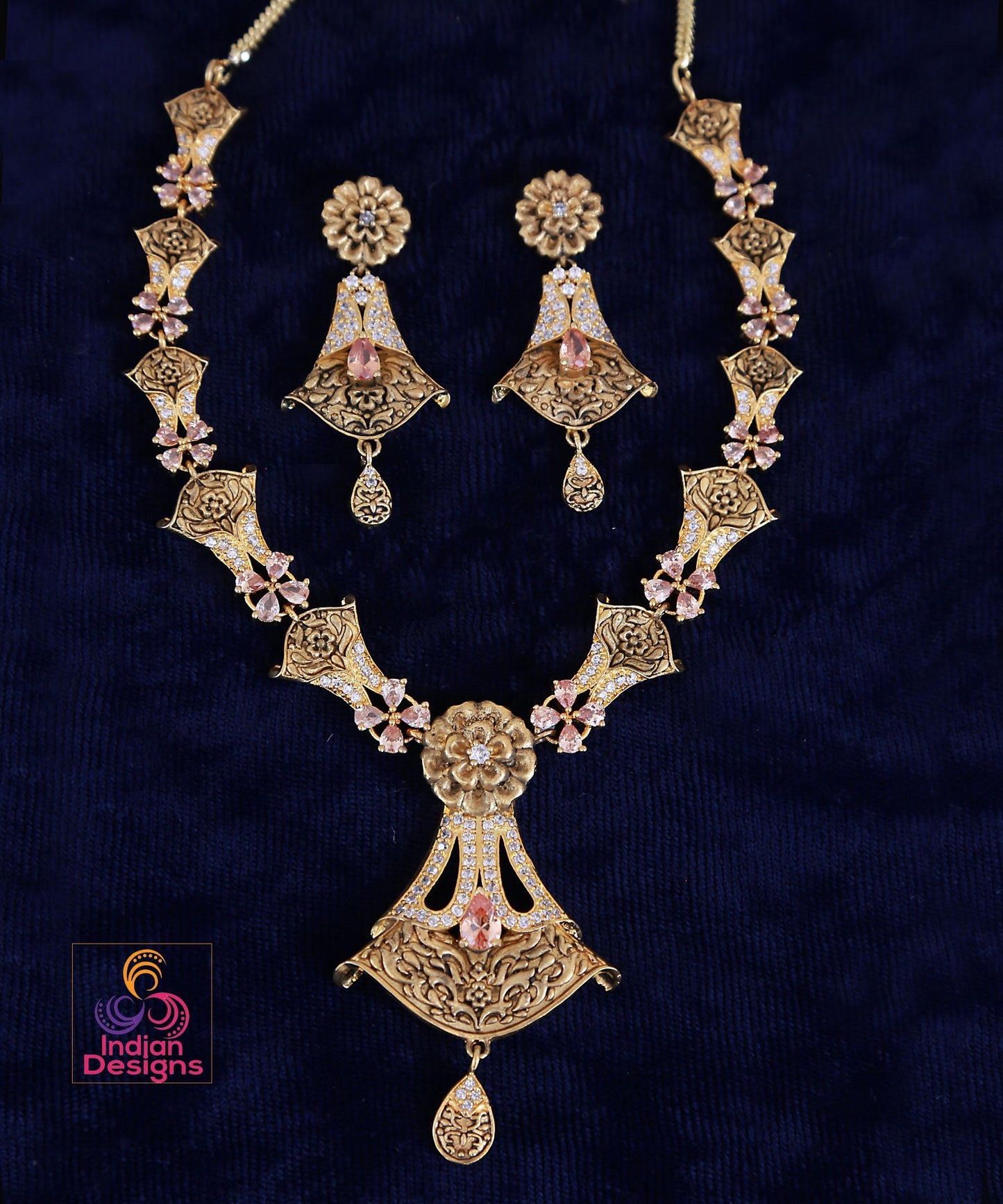 Floral Designer Necklace Earring Set with Green and Ruby Stones| Indian jewelry| American Diamond matte Finish Gold Necklace| Gift for her