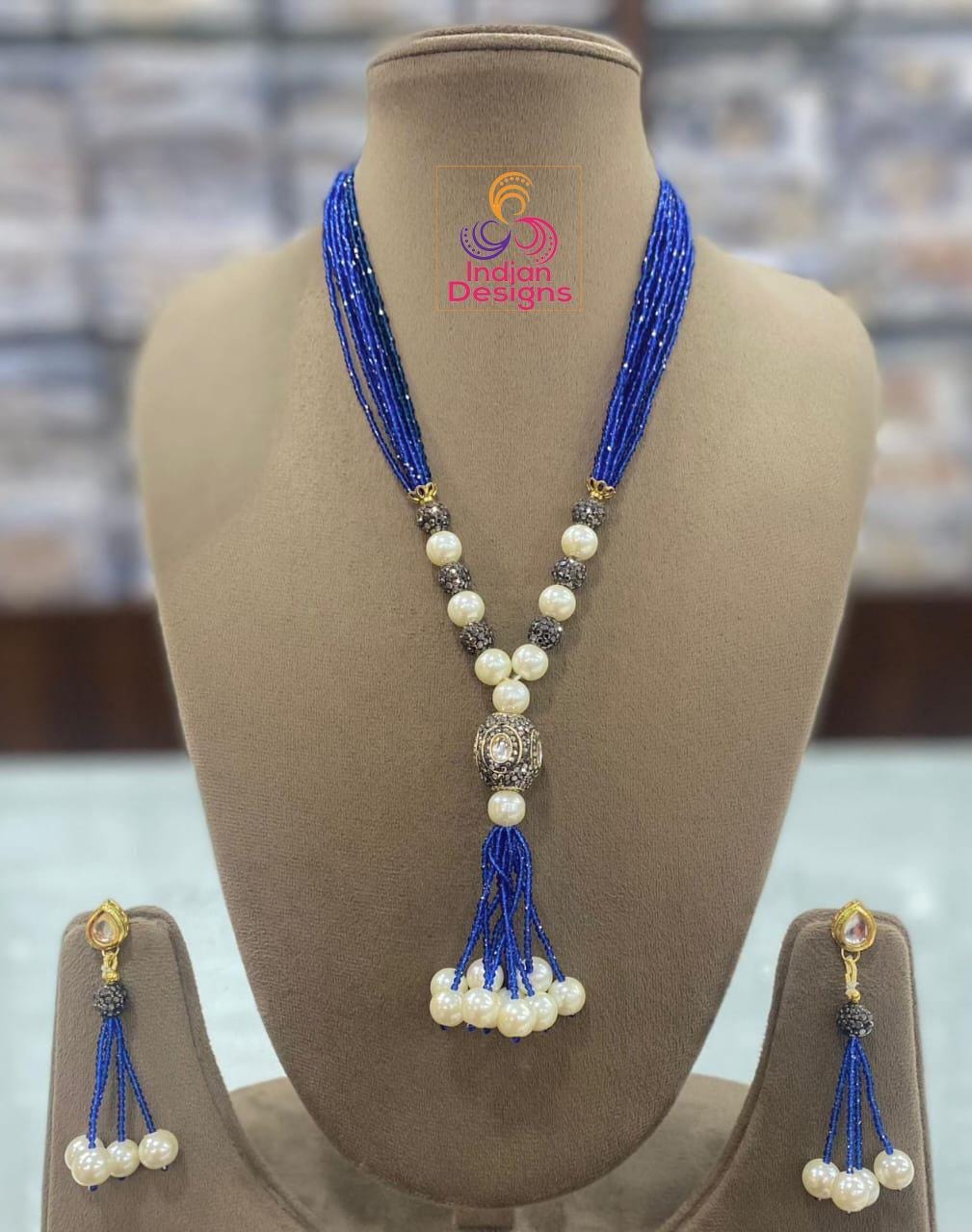 Beaded Pearl Necklace Set with Tassels| Elegant magenta and Green Bead Necklace with Pearl Drops| Traditional Indian Jewelry| Gift for her