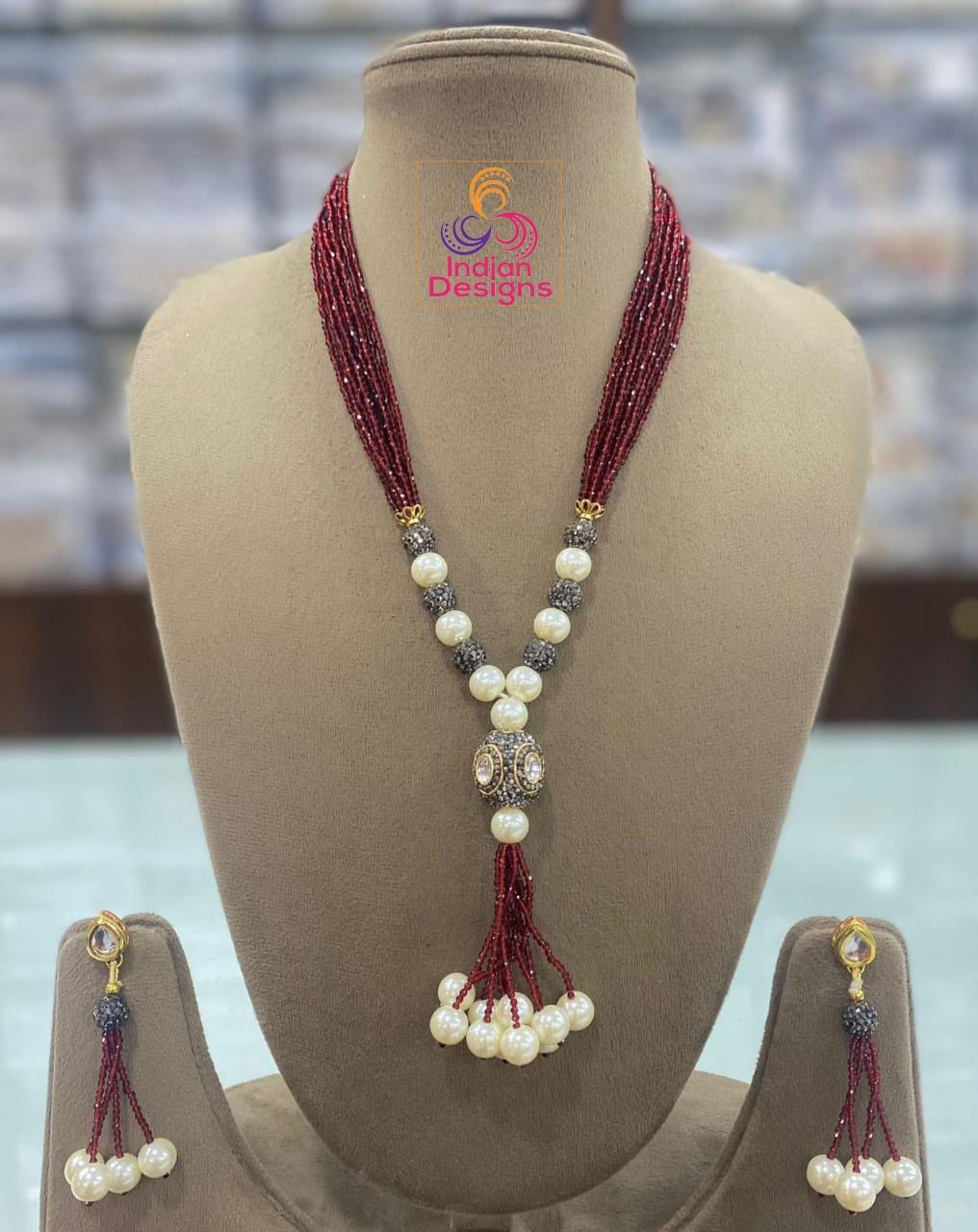 Beaded Pearl Necklace Set with Tassels| Elegant magenta and Green Bead Necklace with Pearl Drops| Traditional Indian Jewelry| Gift for her