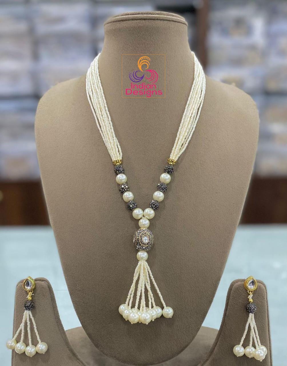 Beaded Pearl Necklace Set with Tassels| Elegant magenta and Green Bead Necklace with Pearl Drops| Traditional Indian Jewelry| Gift for her