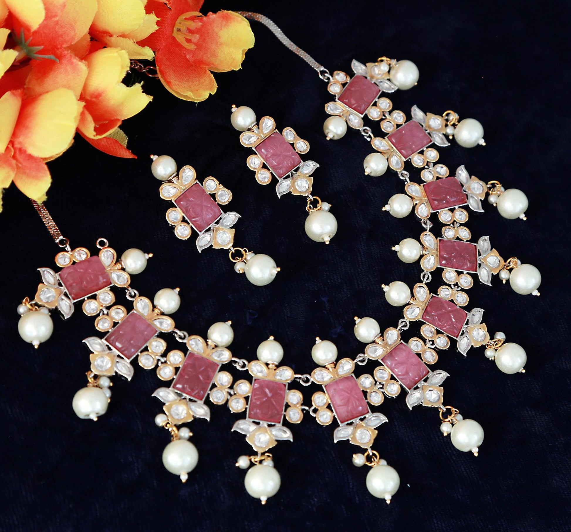 Pearl kundan choker with low price, Gold plated carved stone jewelry, Pink stone Wedding statement necklace earrings |Indian Designs Jewelry