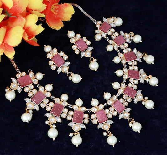 Pearl kundan choker with low price, Gold plated carved stone jewelry, Pink stone Wedding statement necklace earrings |Indian Designs Jewelry