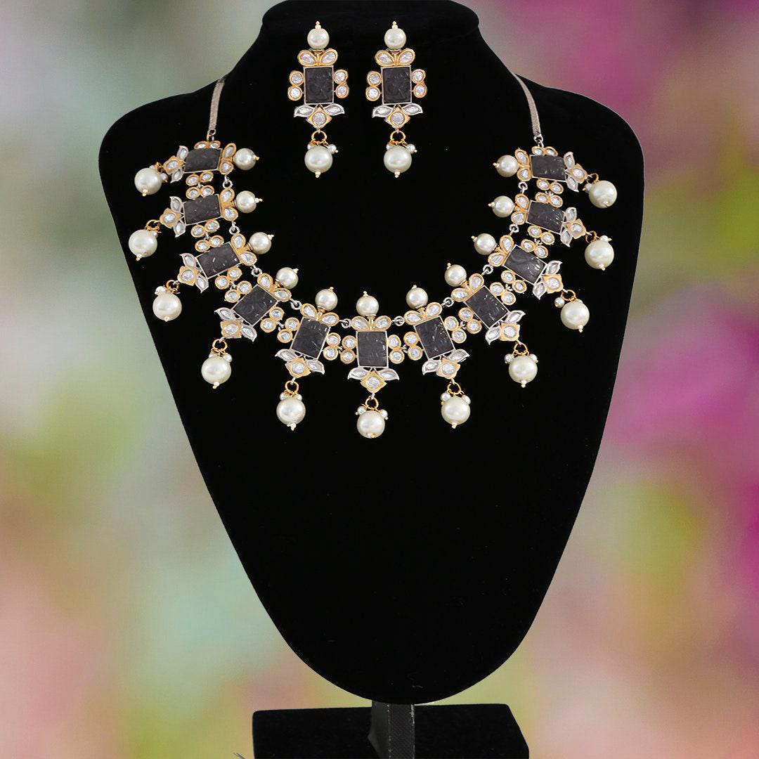 Pearl kundan choker with low price, Gold plated carved stone jewelry, Pink stone Wedding statement necklace earrings |Indian Designs Jewelry