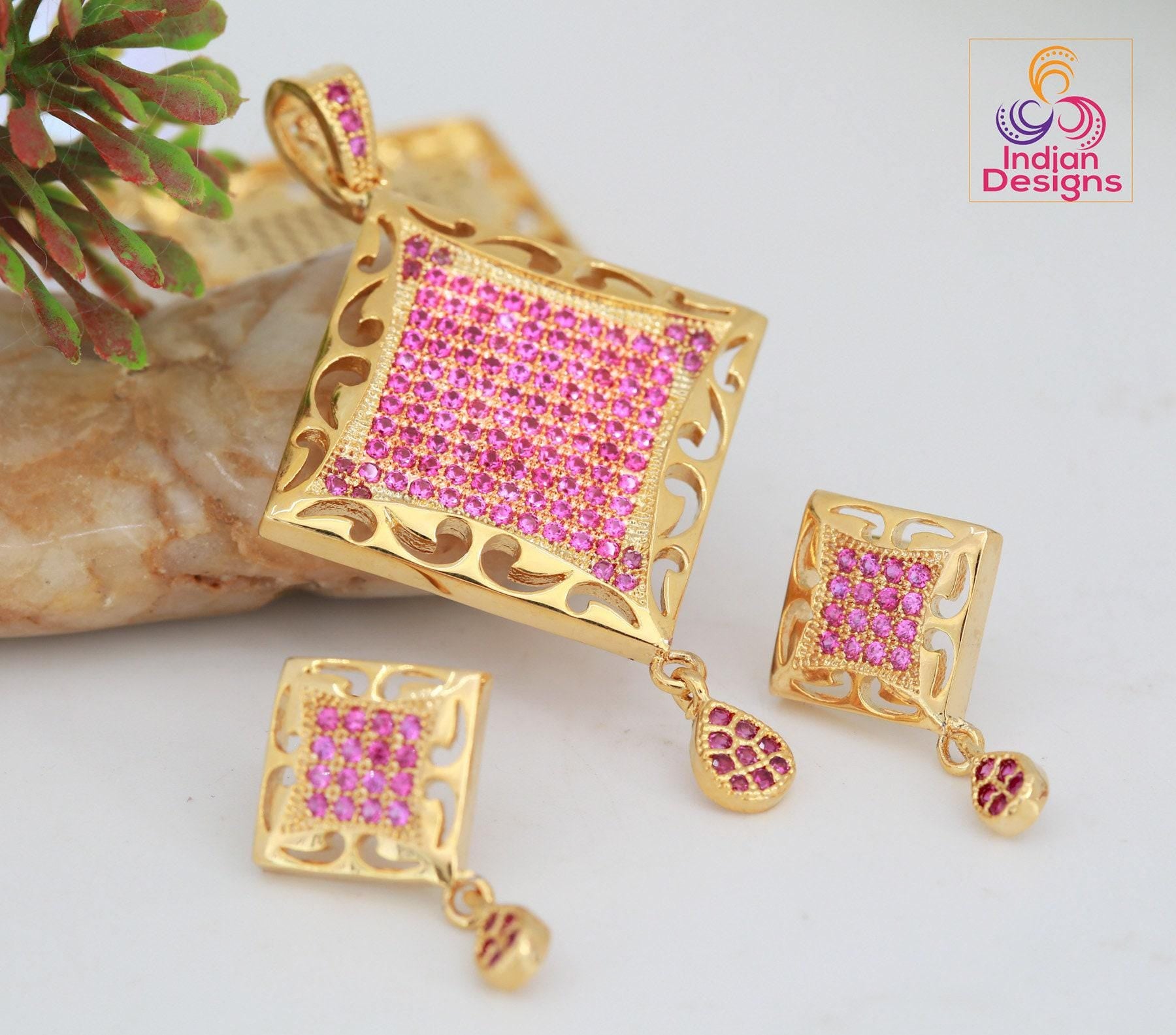 Gold plated pendant set with cz color stones in pink and blue -perfect for special occasions and gifts| minimalist pendant set| gift for her