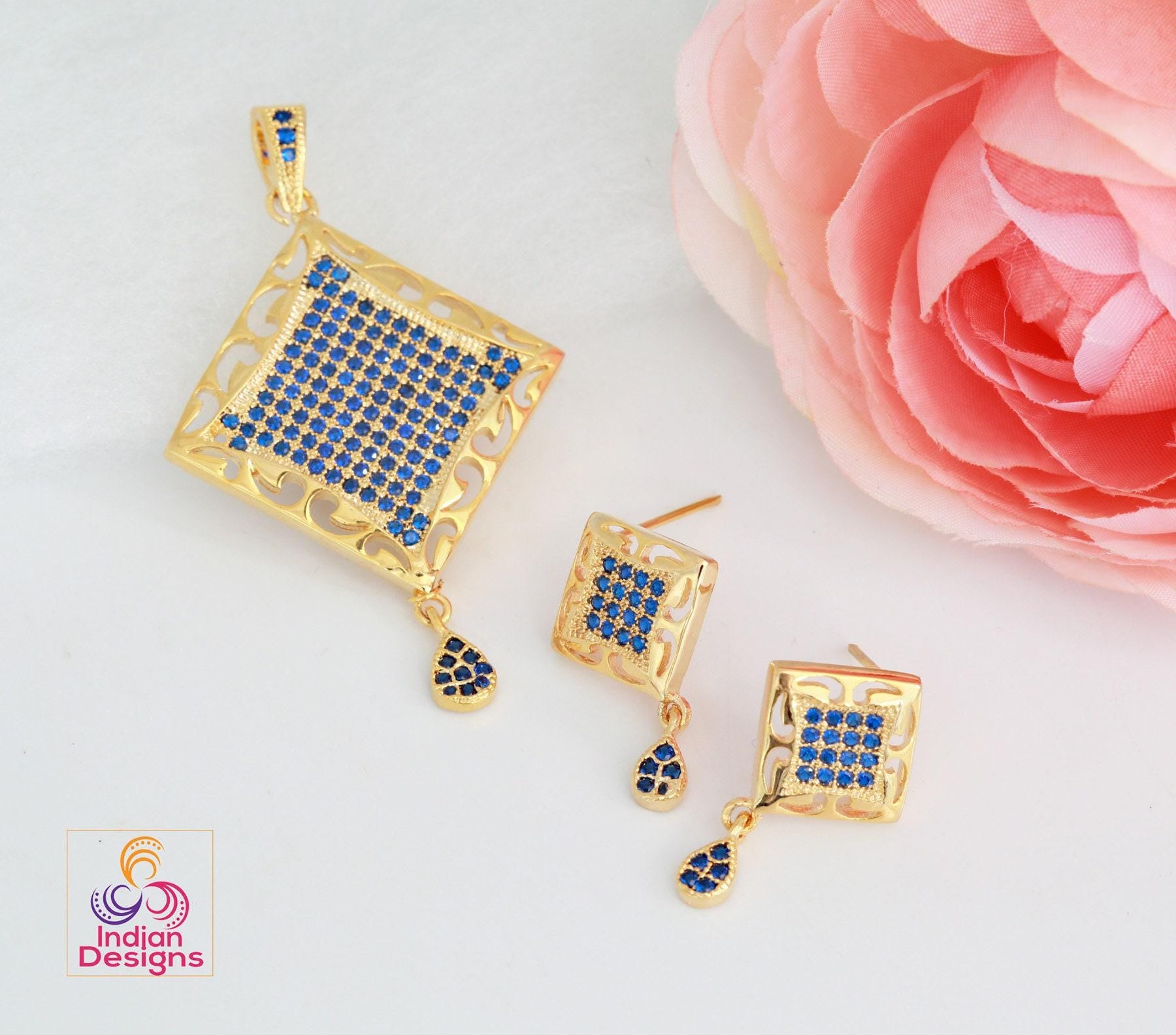 Gold plated pendant set with cz color stones in pink and blue -perfect for special occasions and gifts| minimalist pendant set| gift for her