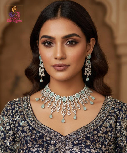 Silver AD Choker Necklace Set with Earrings| CZ Statement Indian Jewelry|American Diamond Necklace earring set|Trending Party choker jewelry