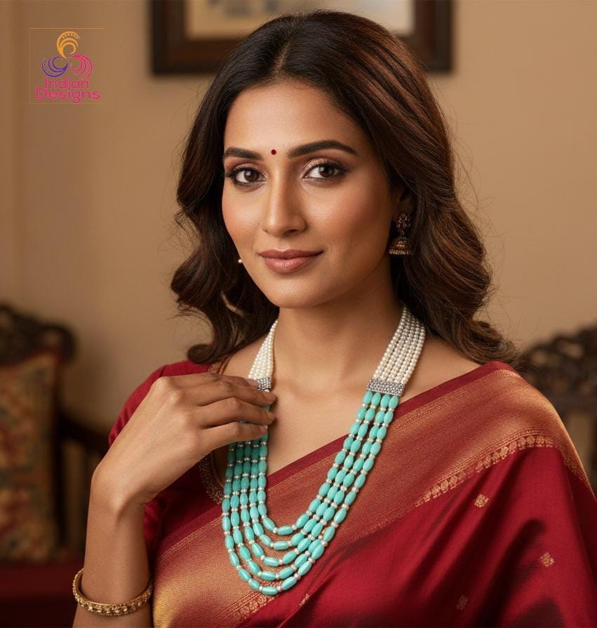 Multi-strand pearl & bead rani haar mala necklace| long indian wedding necklace| ruby/teal/amber/purple| gift for her