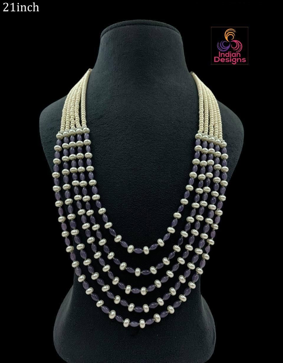 Multi-strand pearl & bead rani haar mala necklace| long indian wedding necklace| ruby/teal/amber/purple| gift for her