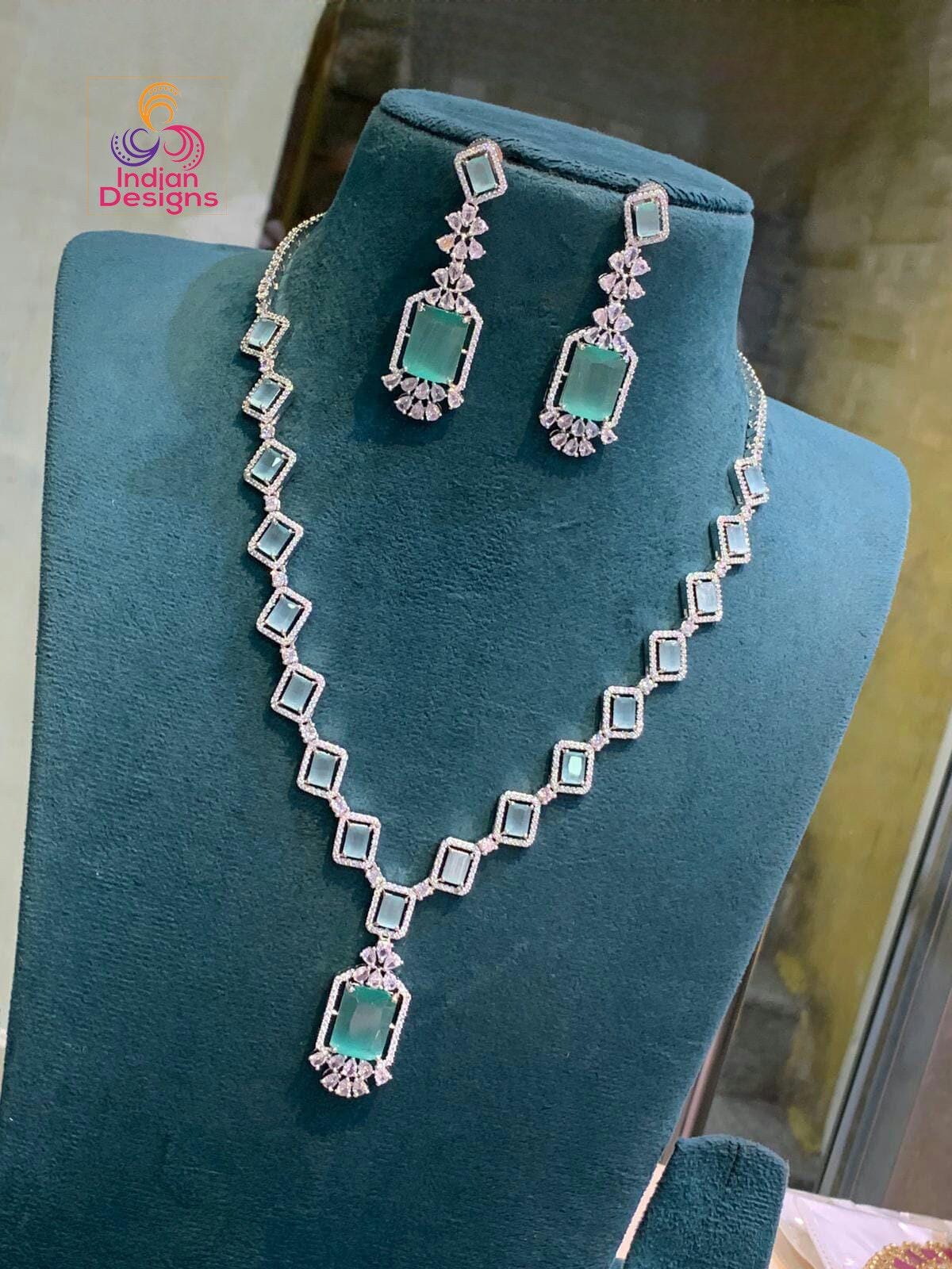 Exclusive Silver-Toned American Diamond Necklace and Earring Set | Indian Wedding Jewelry |Ruby Diamond Silver necklace set | Gift For Her