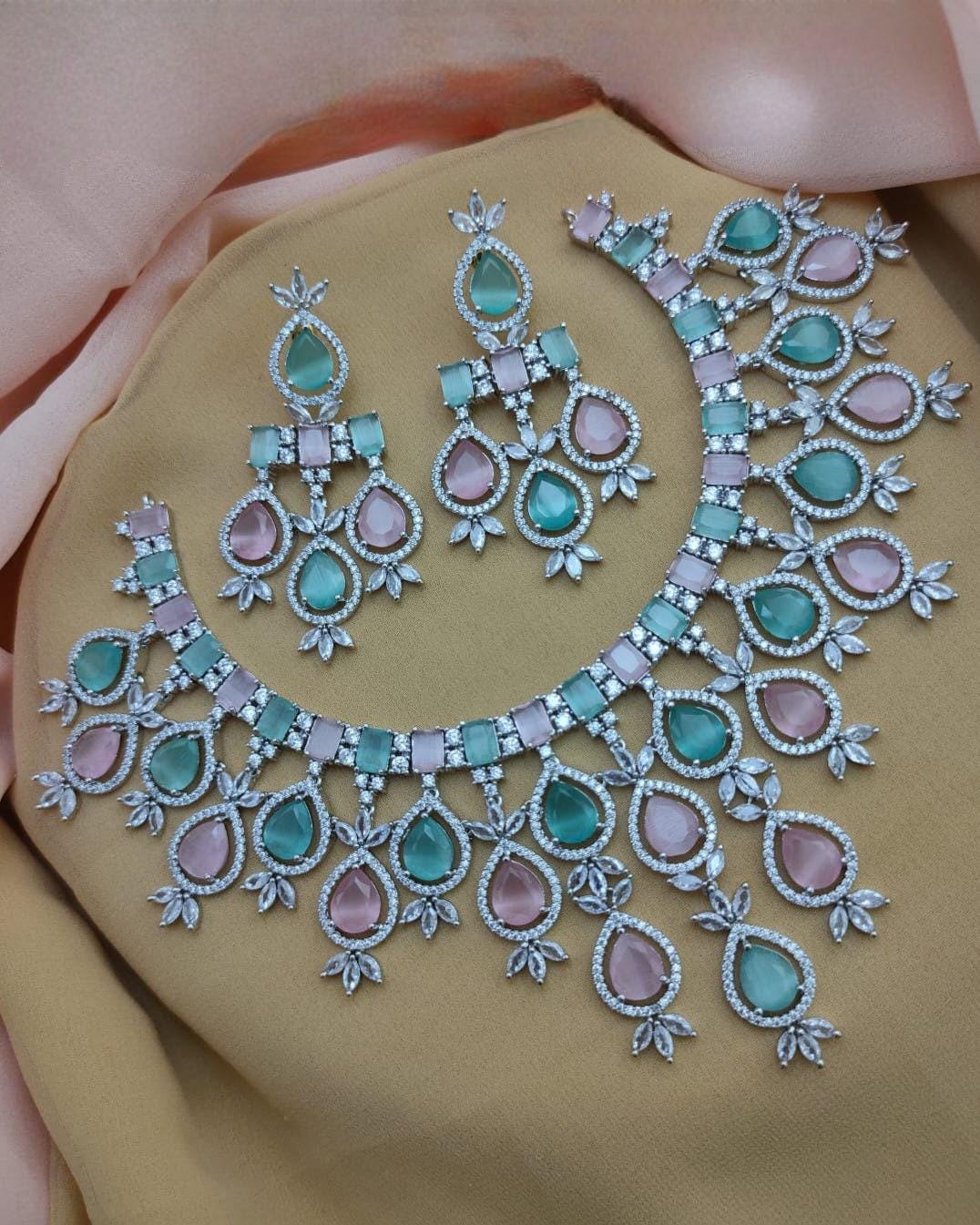 Pink Mint Tear drop stones American Diamond Necklace|Silver Necklace CZ Tear Drop stones|Indian Jewelry|Pakistani Wedding choker|Bollywood f