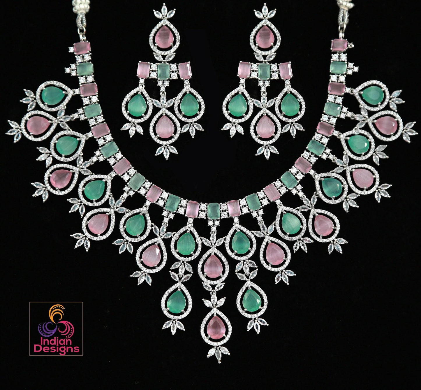 Pink Mint Tear drop stones American Diamond Necklace|Silver Necklace CZ Tear Drop stones|Indian Jewelry|Pakistani Wedding choker|Bollywood f